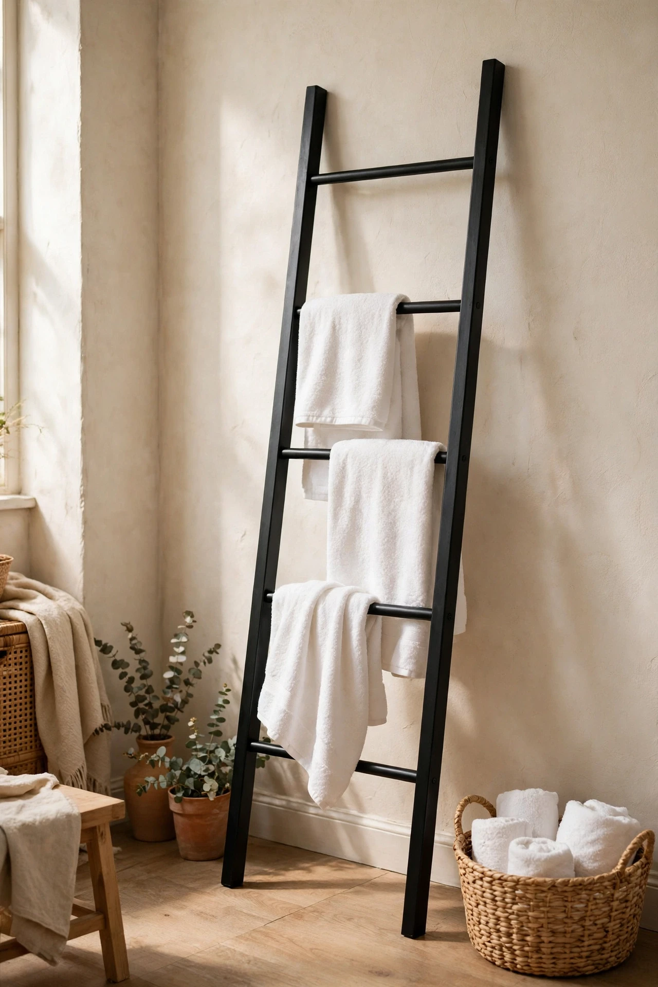 Black ladder towel rack holding white towels in a bathroom
