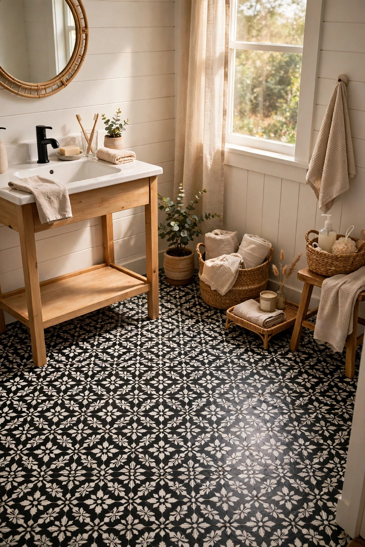 Black and white patterned peel-and-stick floor tiles in a bathroom