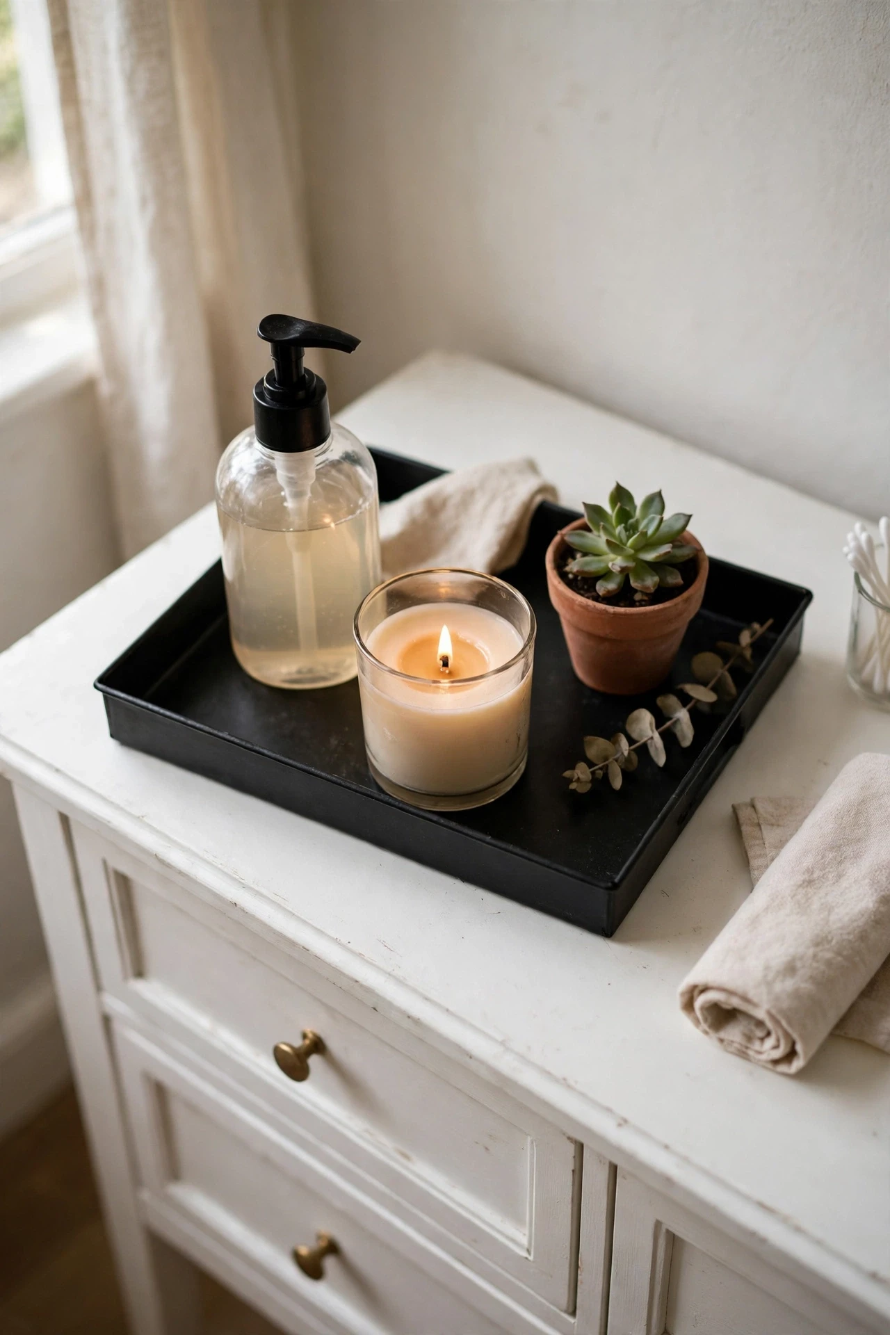 Black tray with soap pump candle and plant on a white vanity