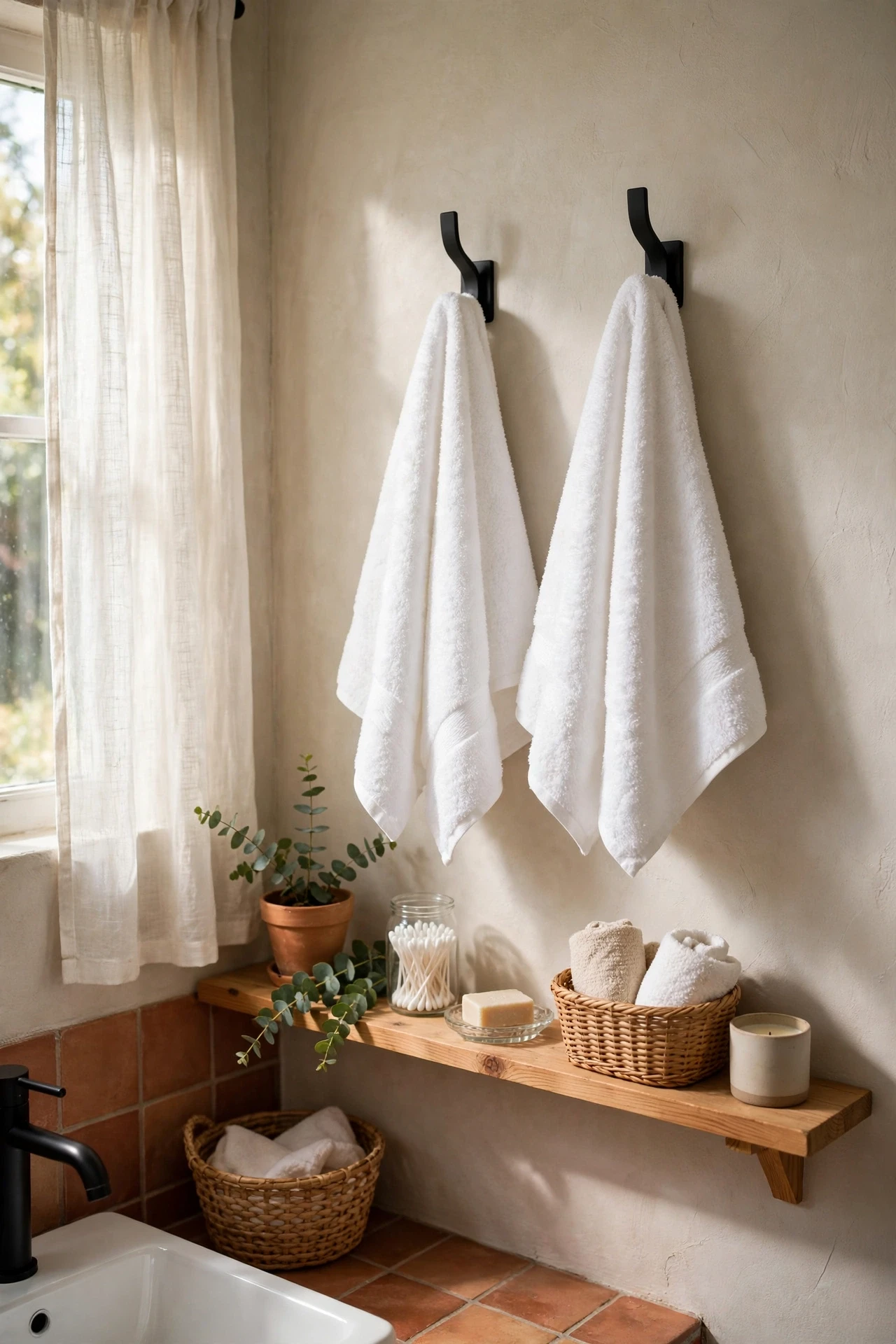 White towels hanging on matte black wall hooks in a bathroom