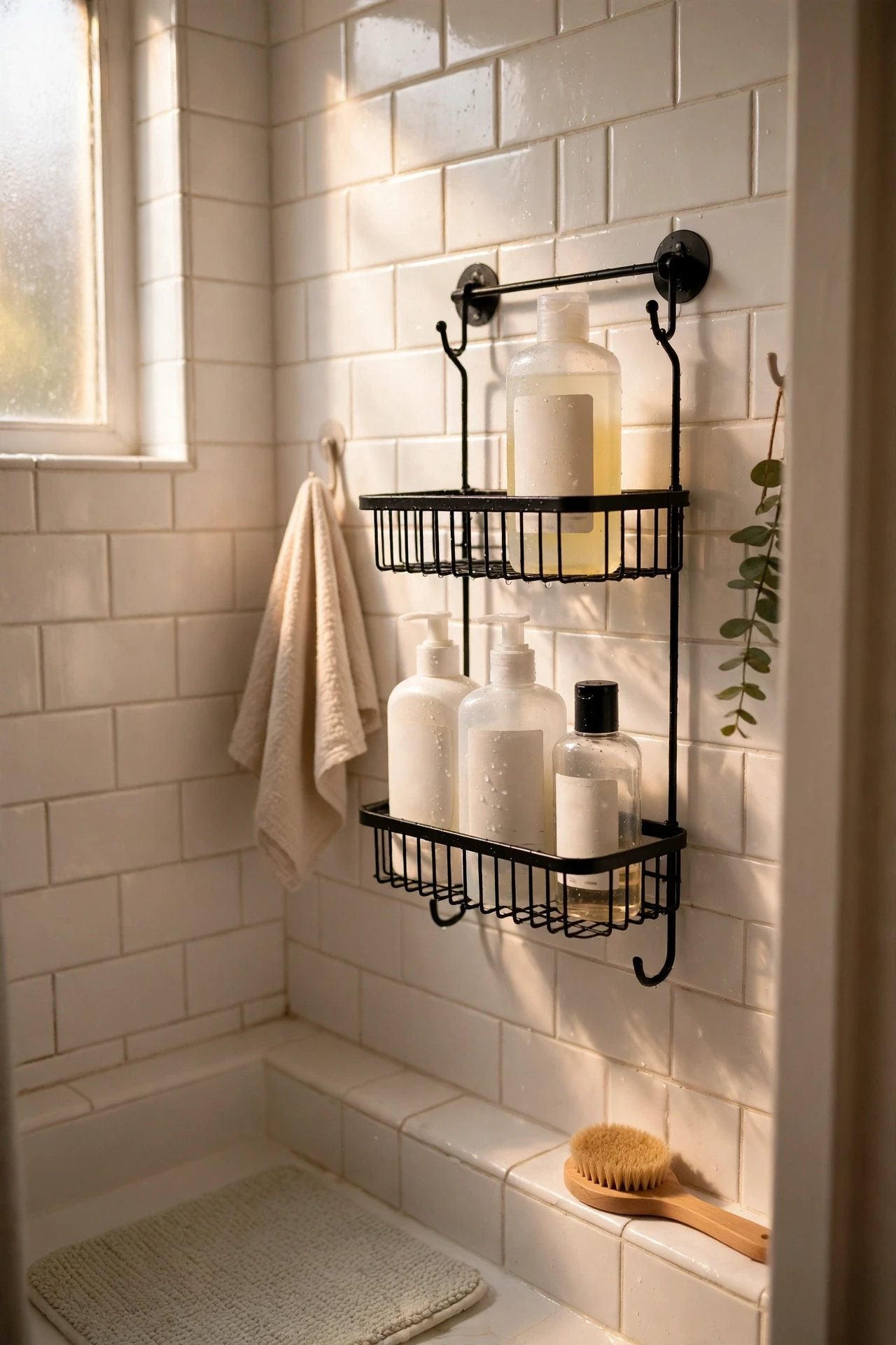 Black shower caddy holding bottles in a white tiled shower