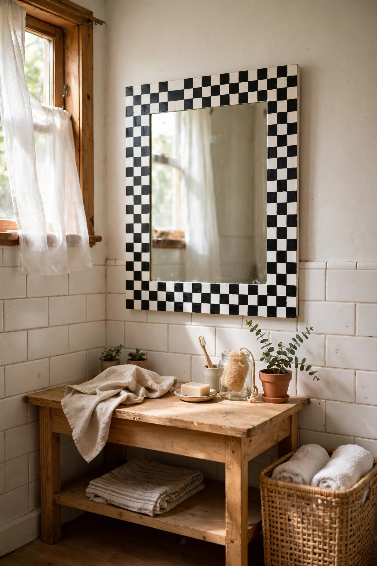 Checkerboard border painted around a bathroom mirror