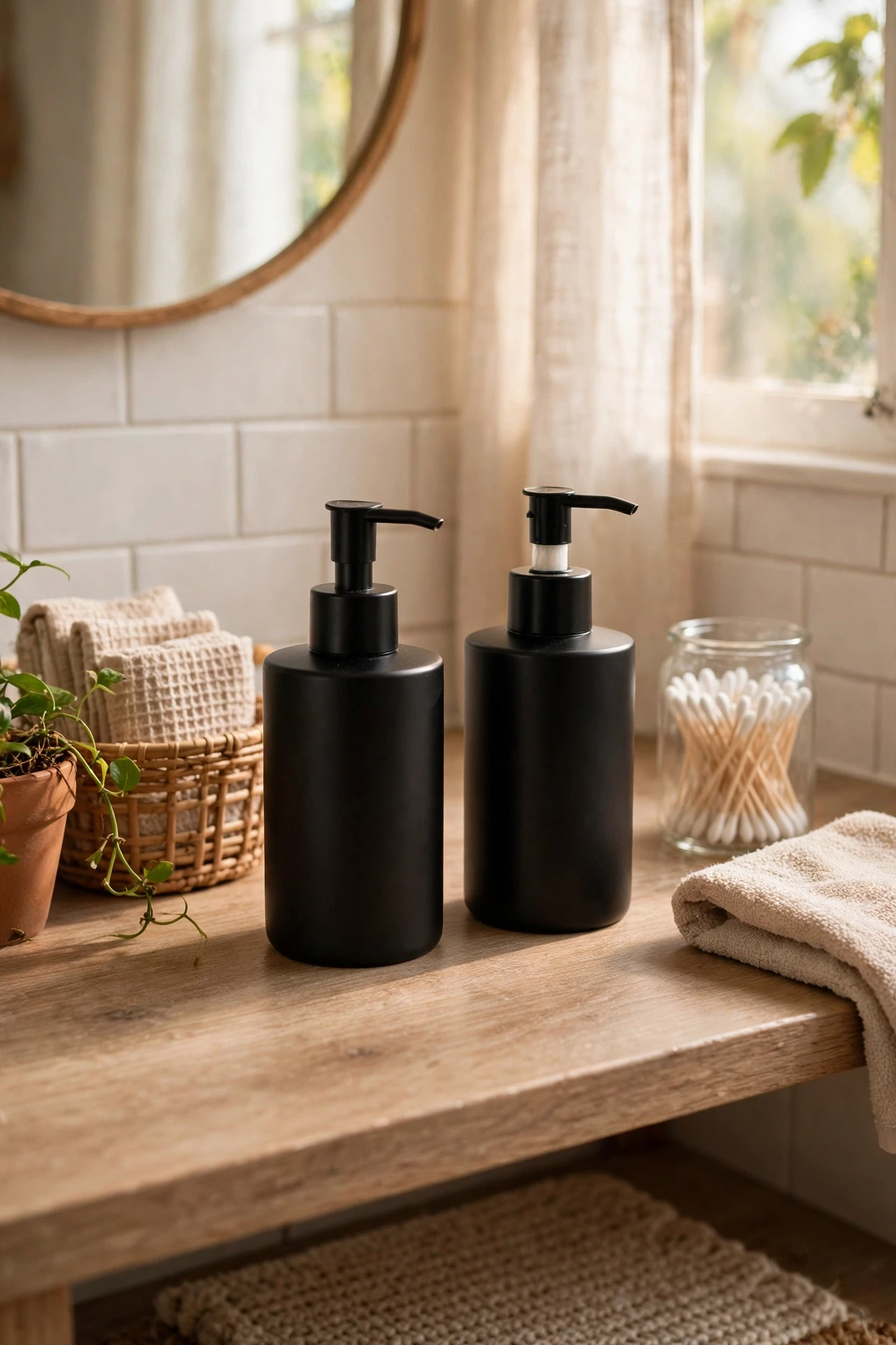 Matte black soap and lotion dispensers on a bathroom vanity