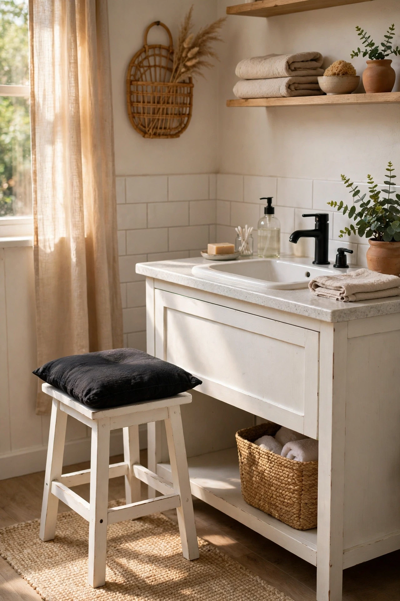 White wooden stool with a black cushion beside a bathroom vanity