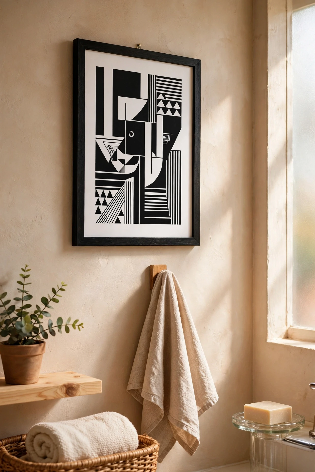 Black and white typographic print in a black frame on a bathroom wall