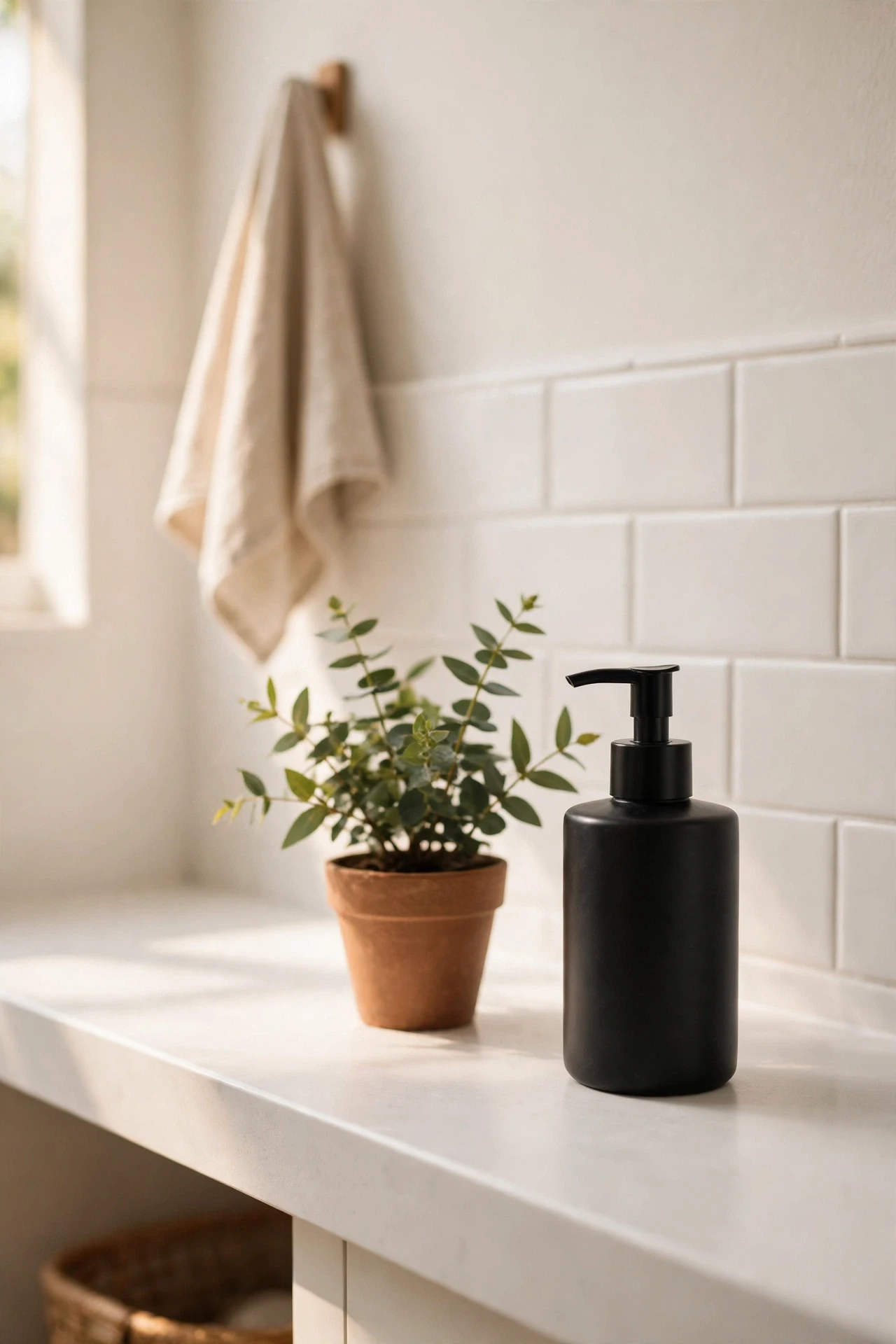 Clutter-free white bathroom counter with a single black soap pump