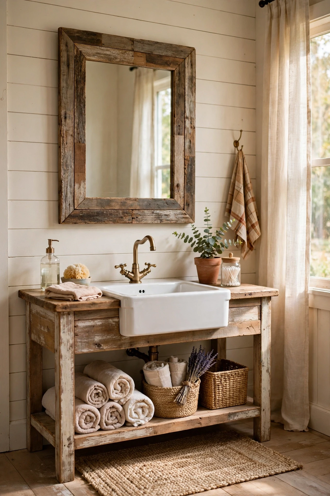 Rustic wooden framed mirror above a farmhouse bathroom vanity