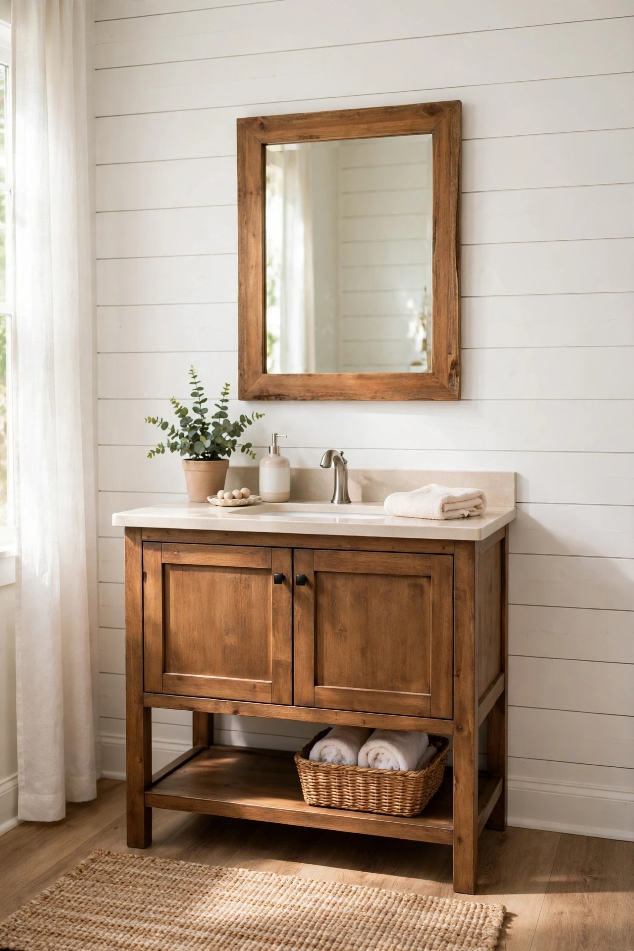 White shiplap accent wall behind a farmhouse bathroom vanity