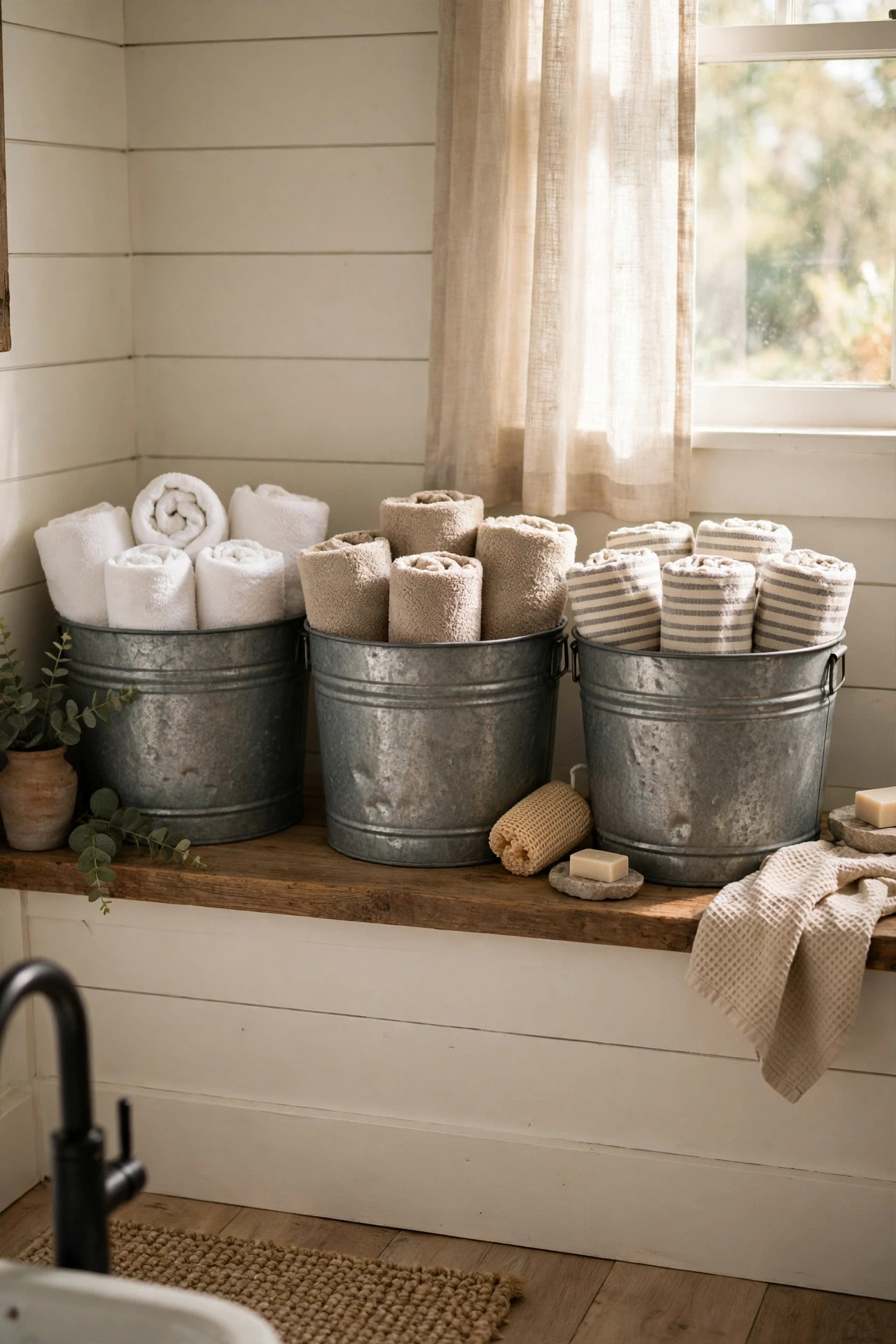 Galvanized metal bins holding towels in a farmhouse bathroom