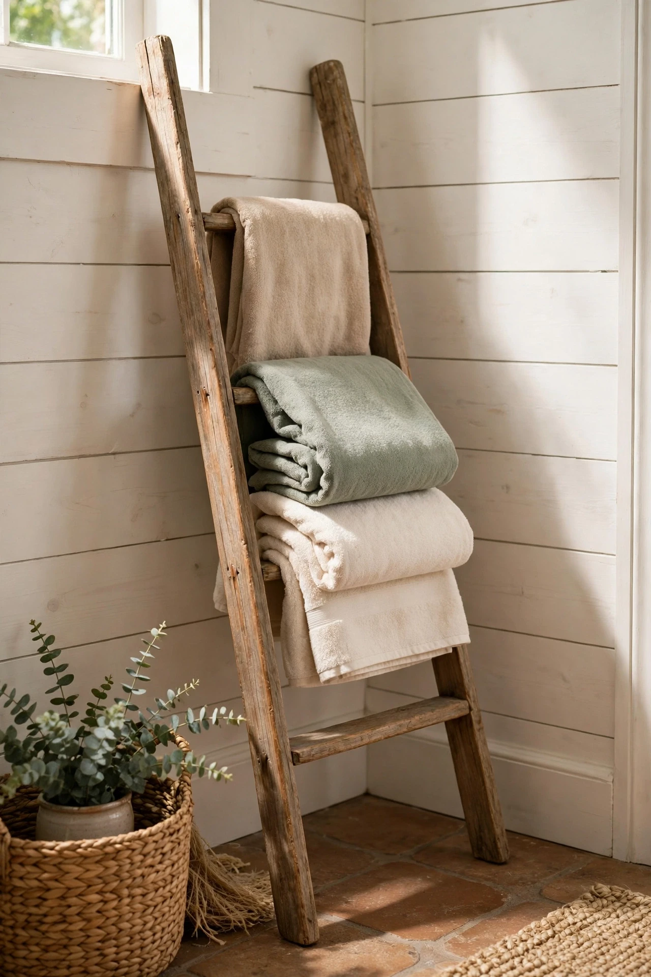 Wooden ladder holding towels leaning against a farmhouse bathroom wall