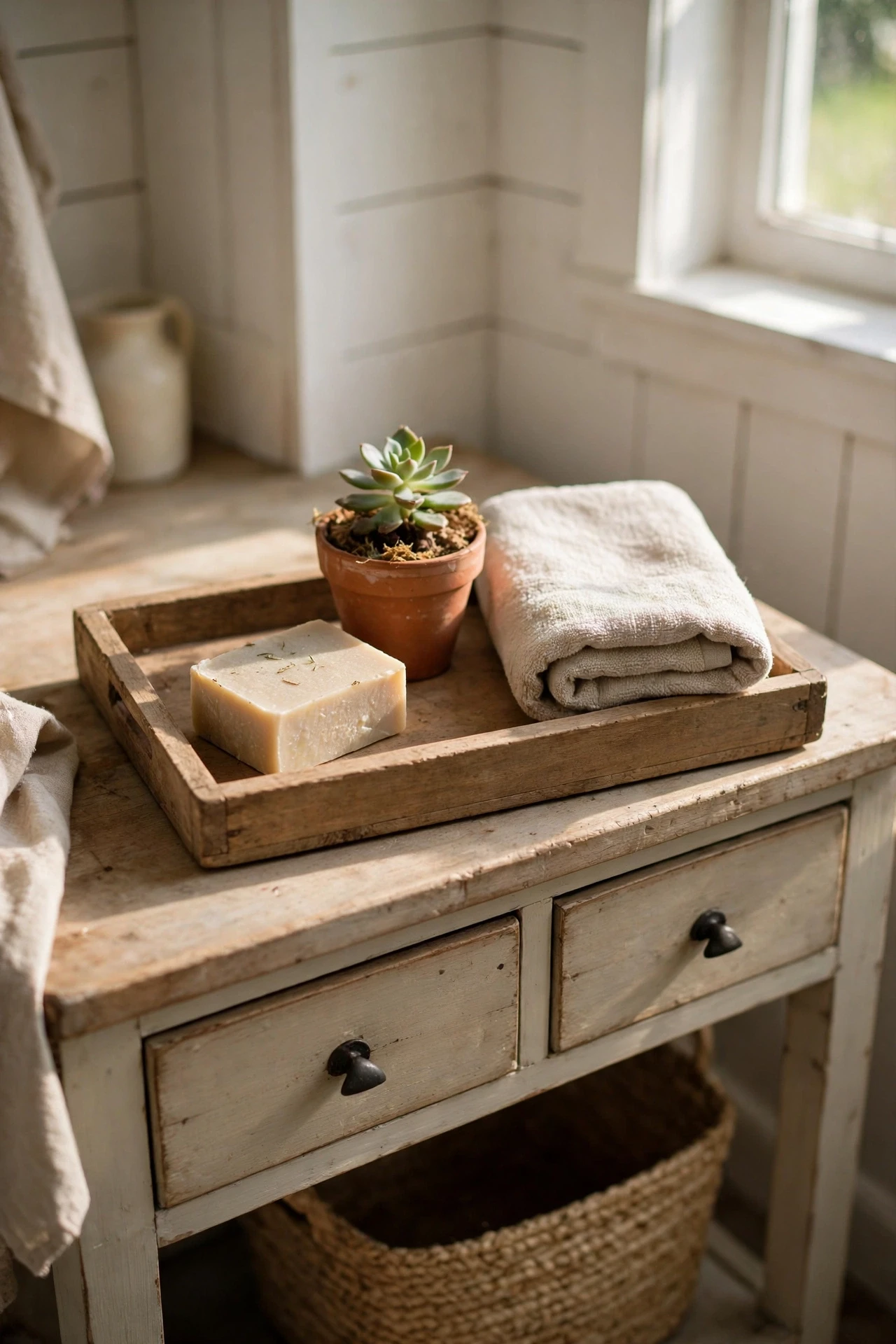Wooden tray with soap plant and towel on a farmhouse vanity