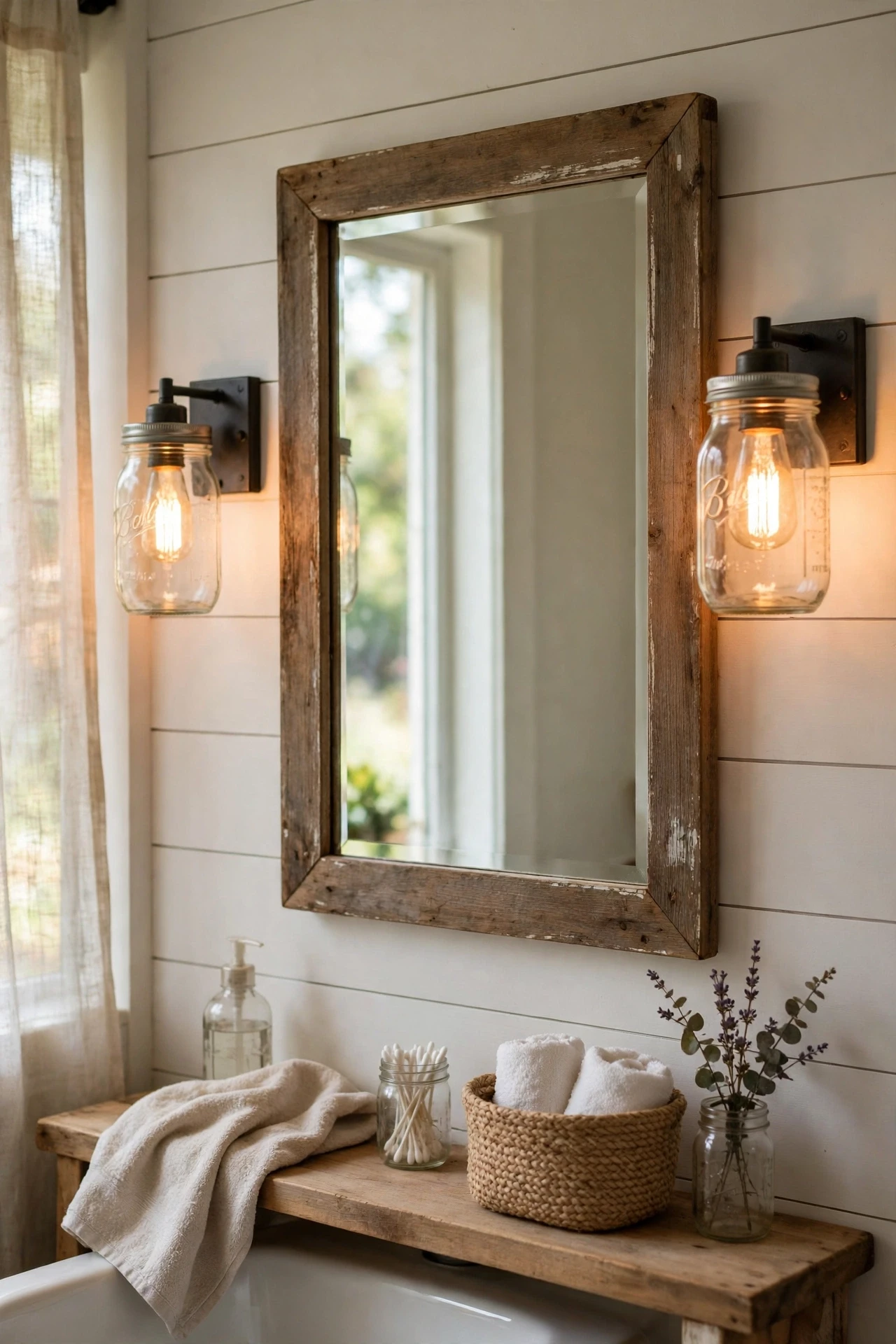 Mason jar sconces with warm bulbs beside a farmhouse bathroom mirror