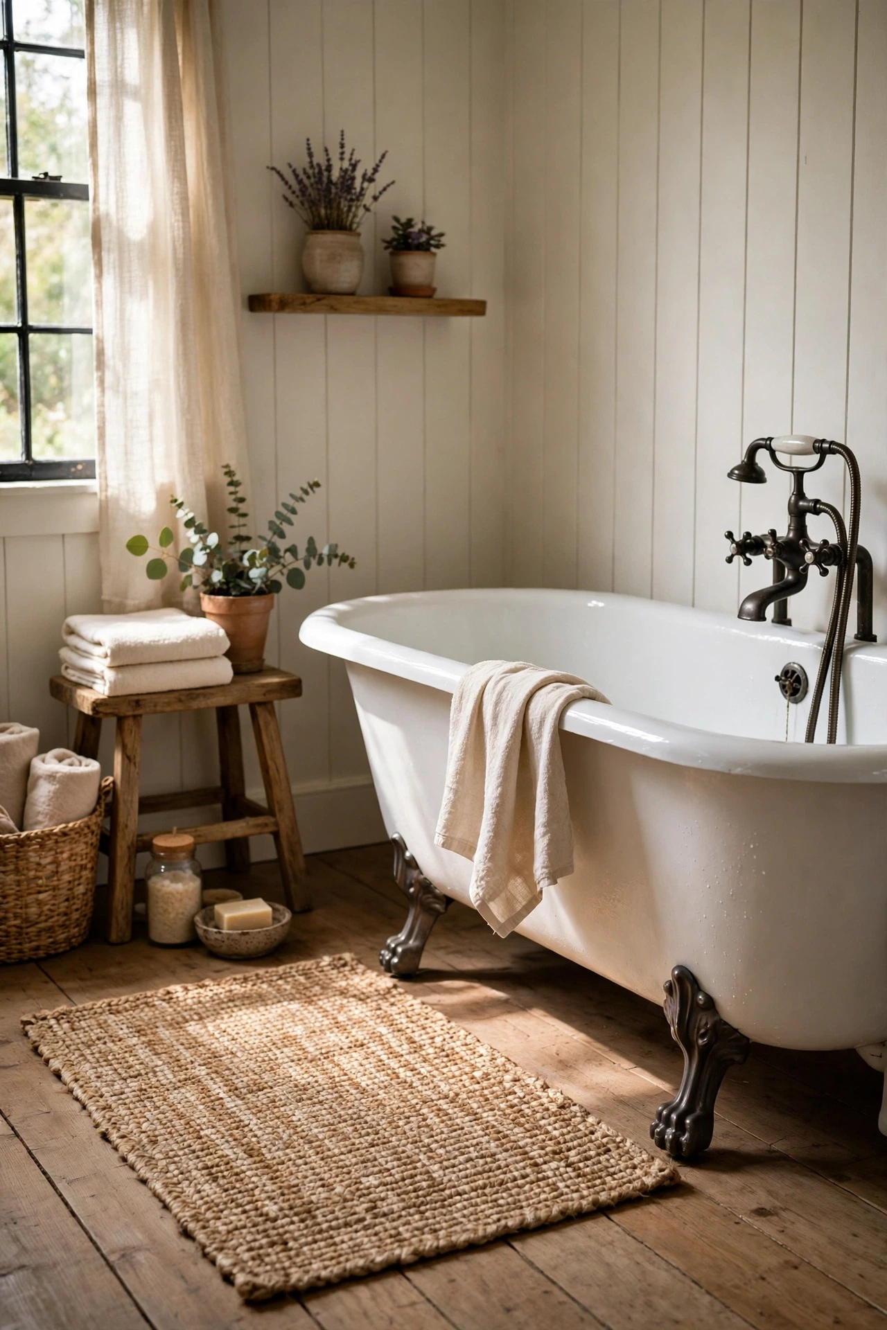 Woven jute rug beside a clawfoot tub in a farmhouse bathroom