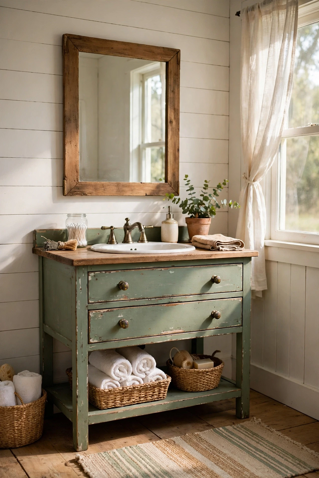 Distressed sage green vanity in a farmhouse bathroom