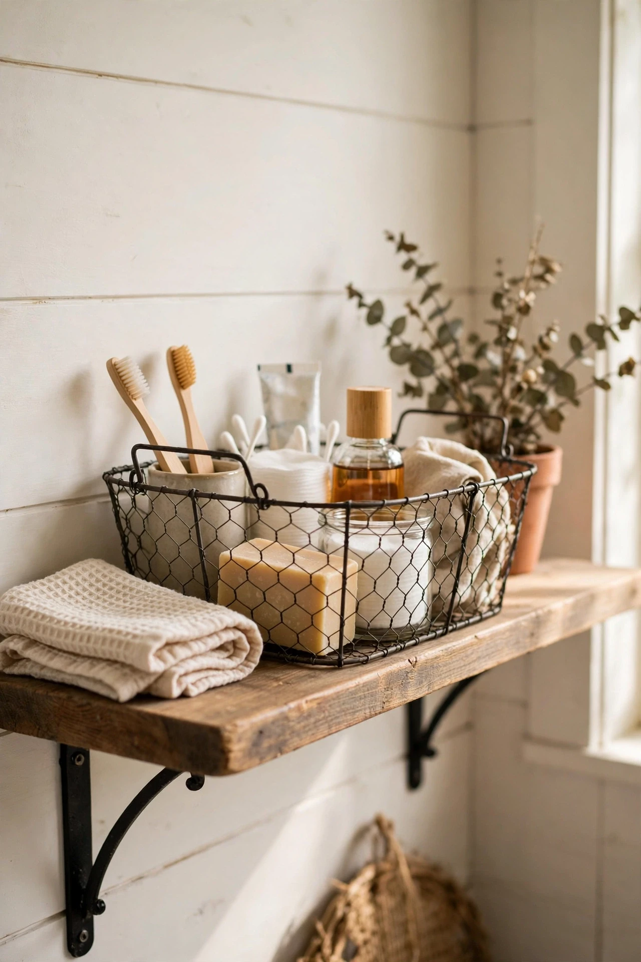 Chicken wire basket holding toiletries on a farmhouse bathroom shelf
