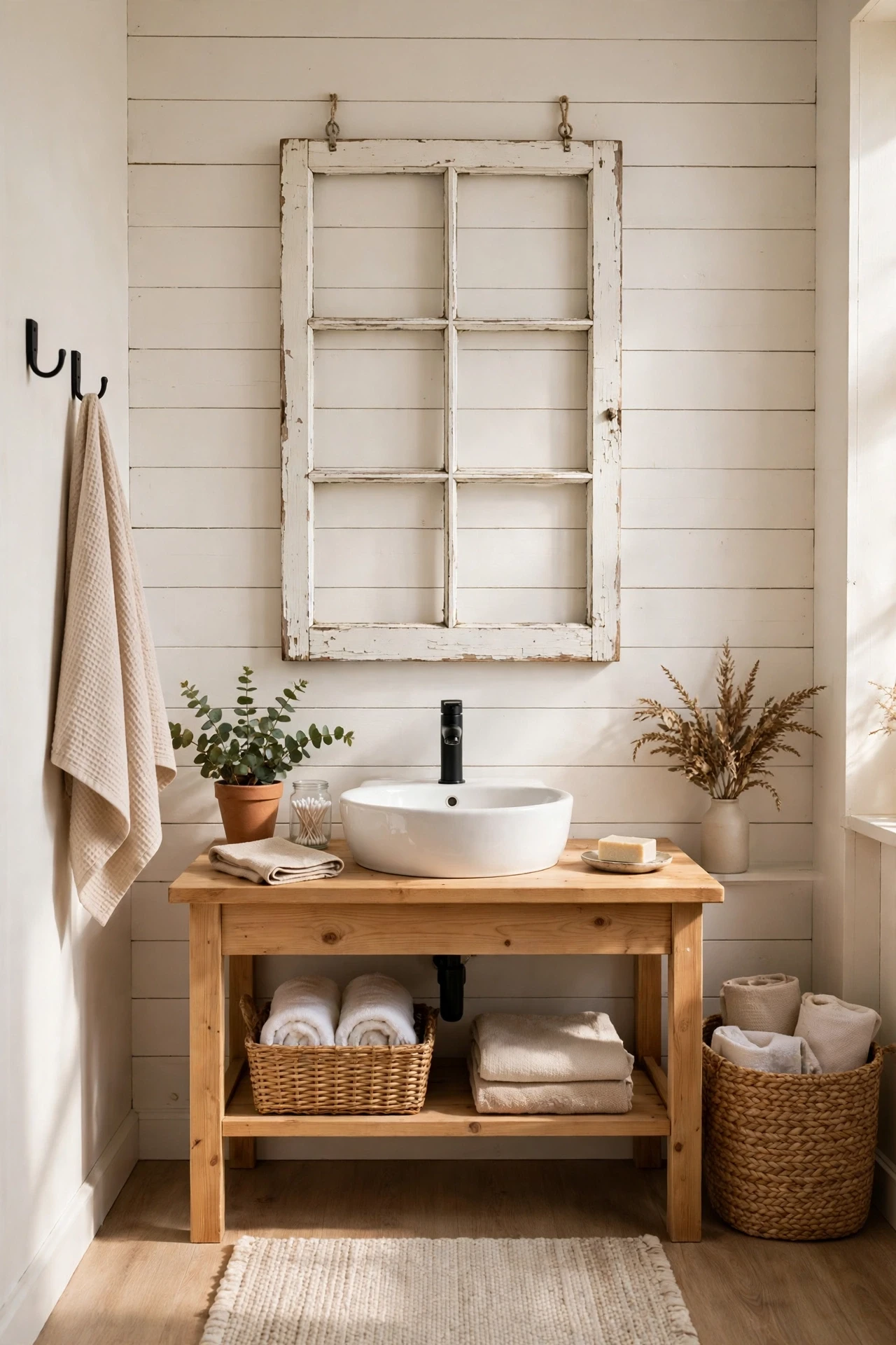 Vintage window frame hung as wall art in a farmhouse bathroom
