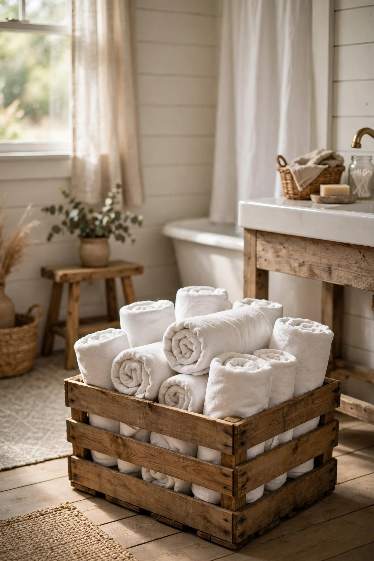 Wooden crate filled with rolled white towels in a farmhouse bathroom