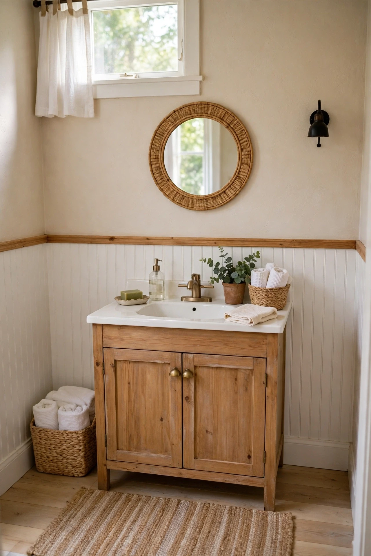 White beadboard wainscot on farmhouse bathroom walls