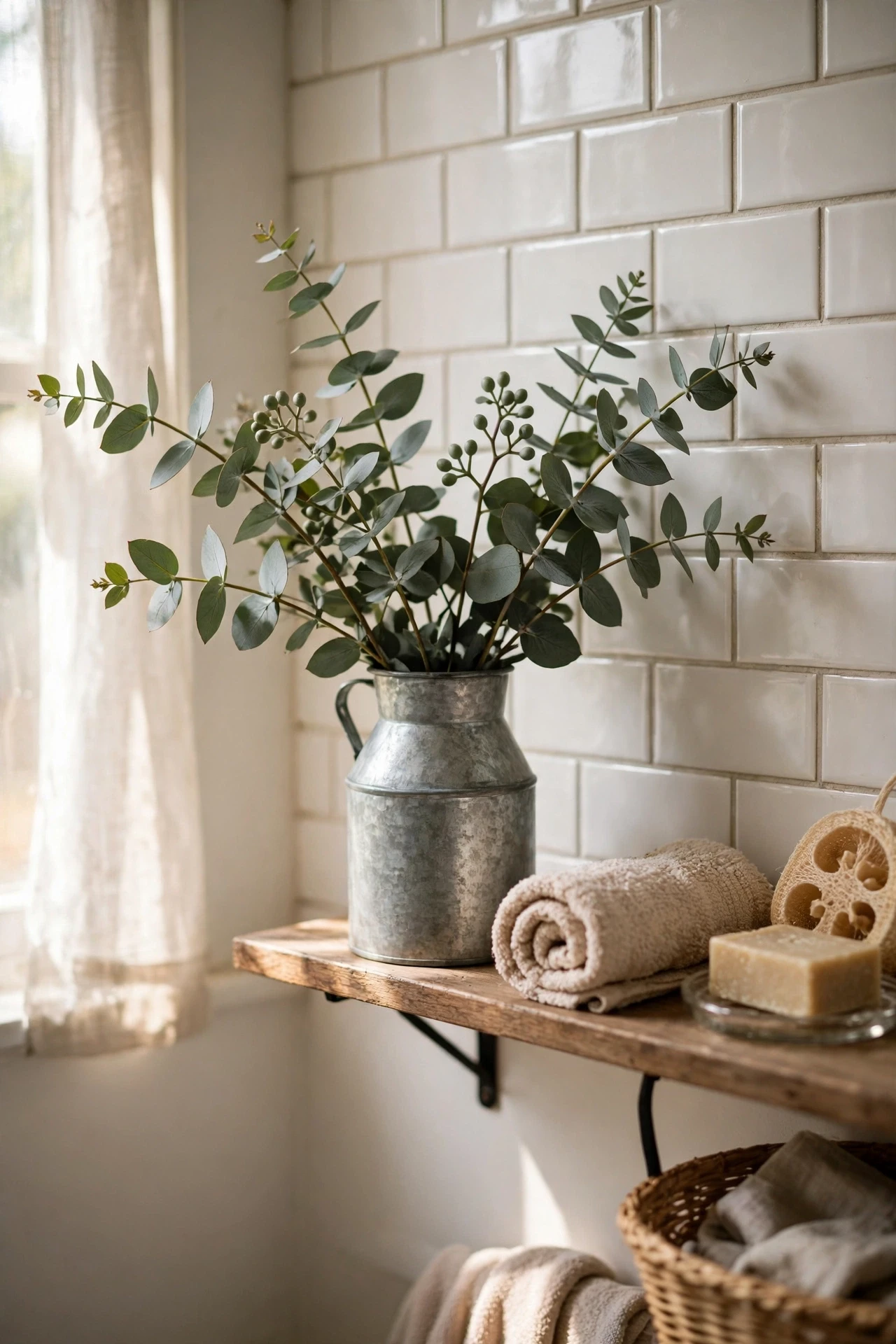 Fresh eucalyptus stems in a galvanized milk jug in a bathroom