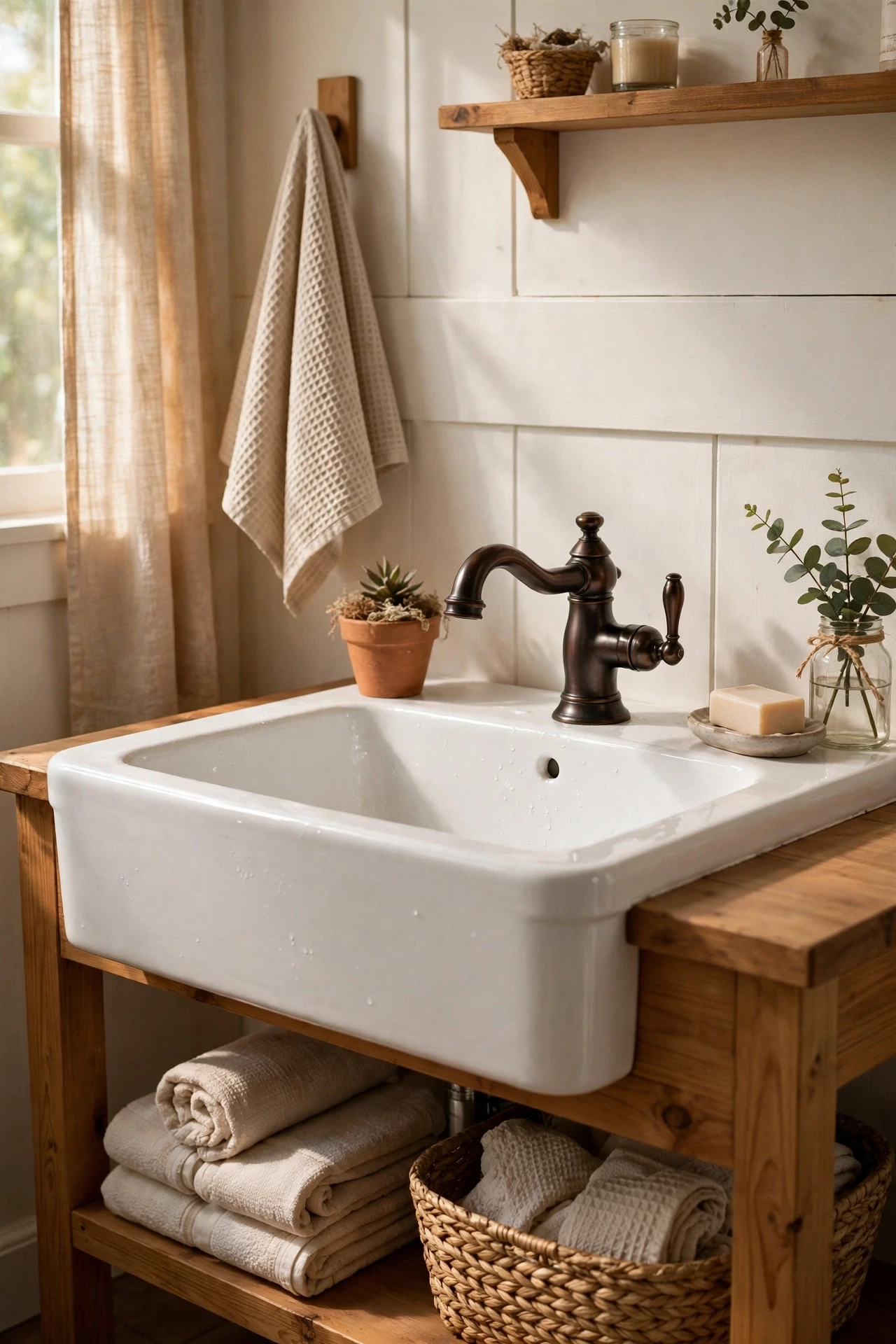 Oil-rubbed bronze faucet on a farmhouse bathroom sink