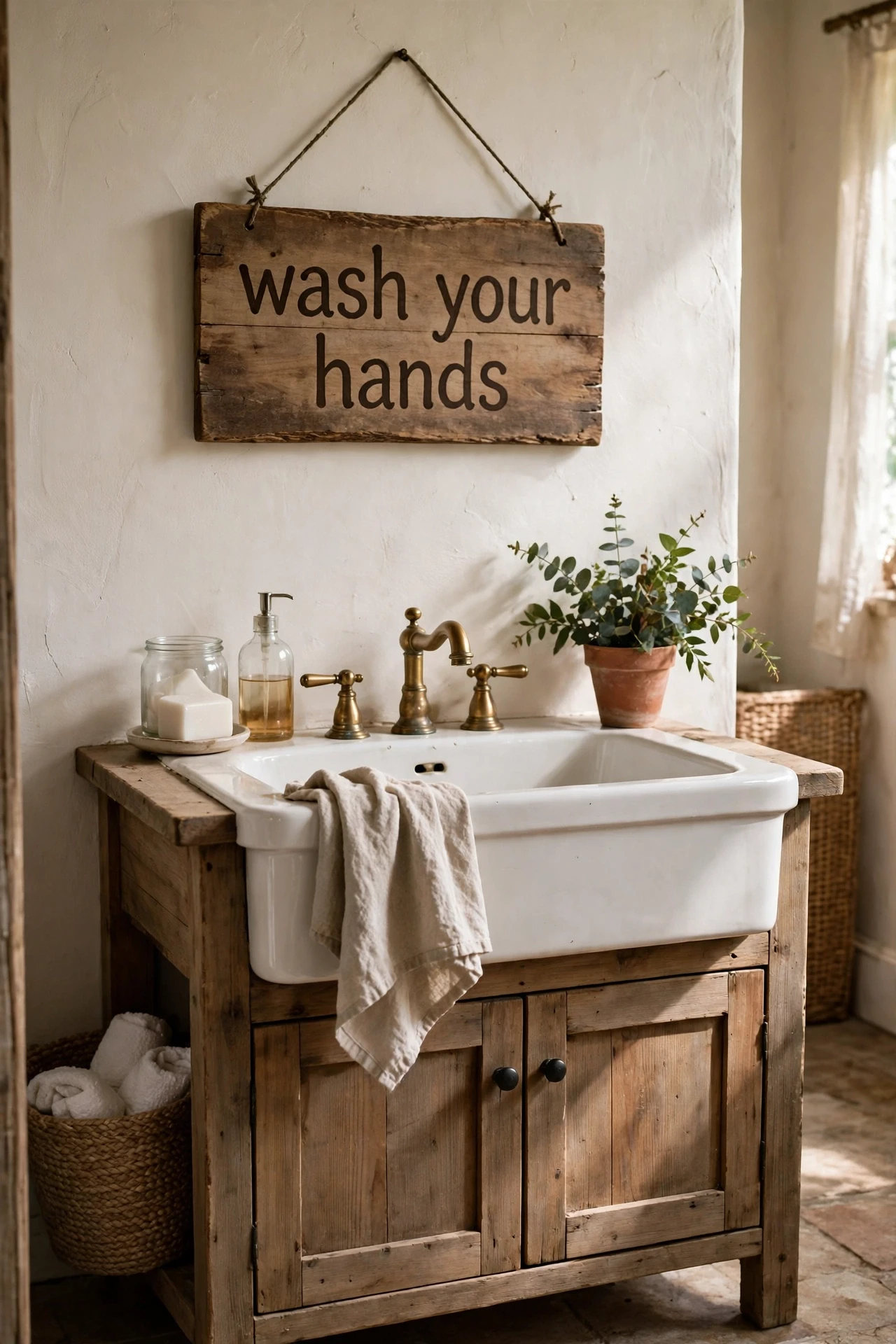 Rustic wooden wash your hands sign above a bathroom sink