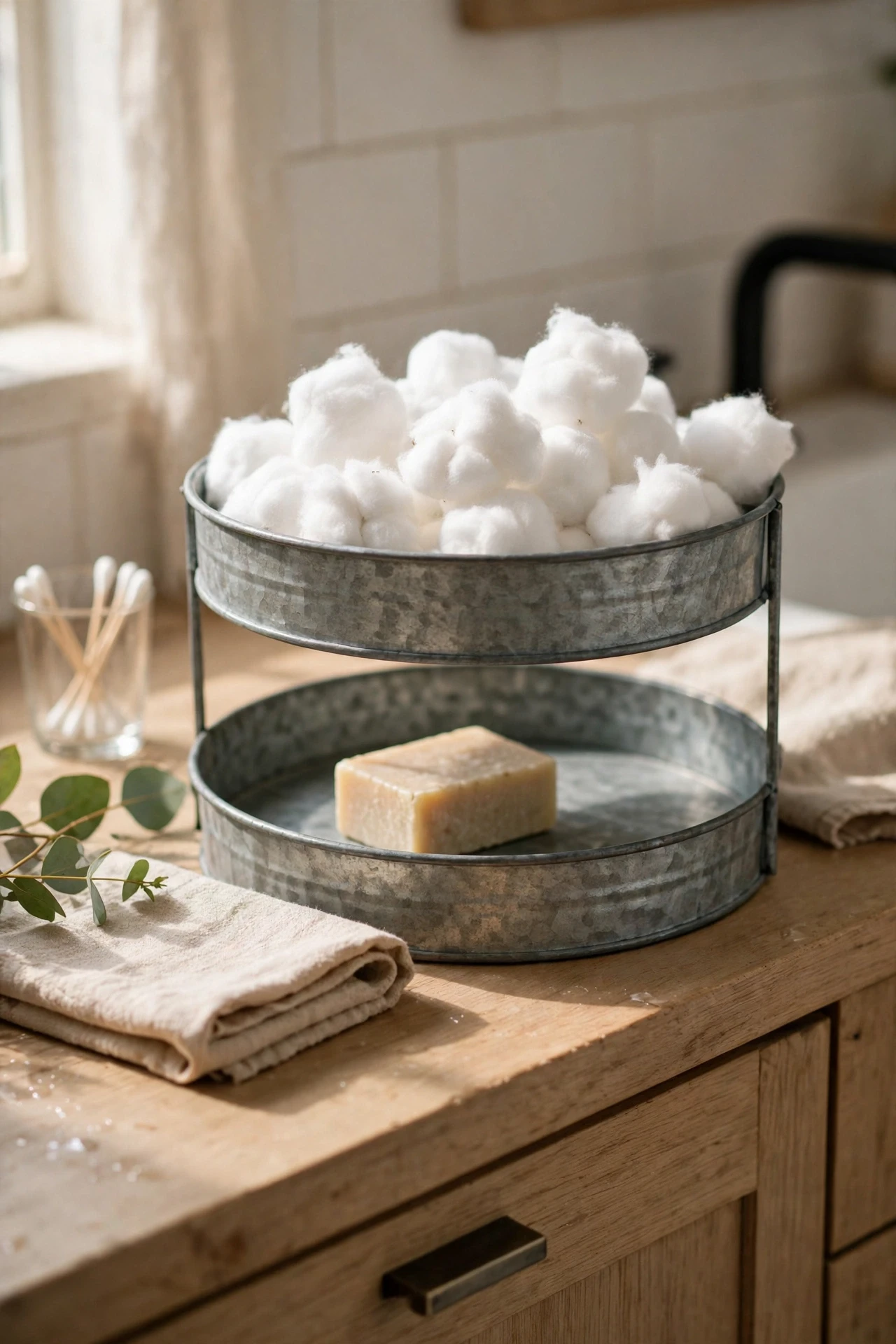 Two-tiered tray holding cotton balls and soap on a bathroom vanity