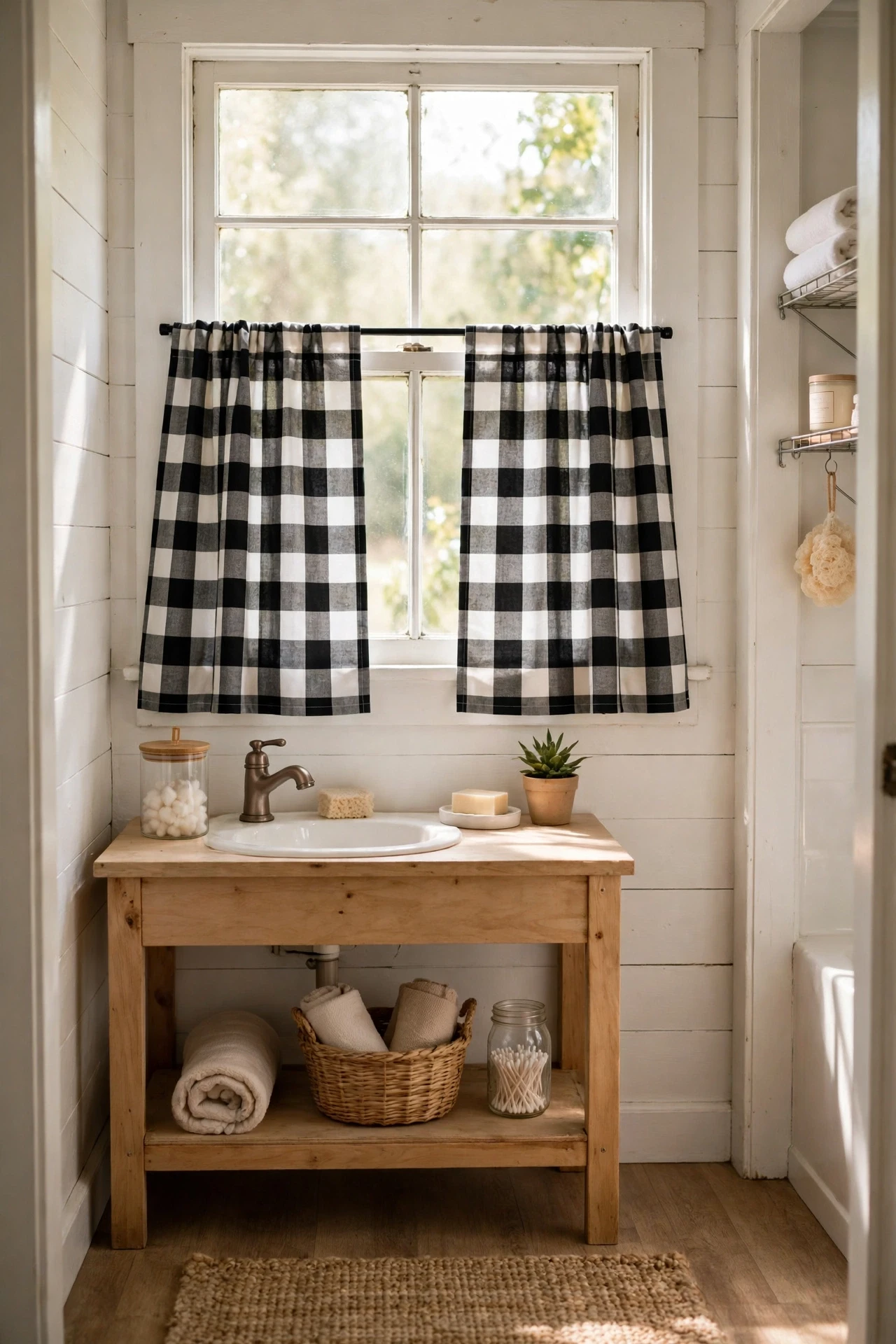 Buffalo check curtains on a farmhouse bathroom window