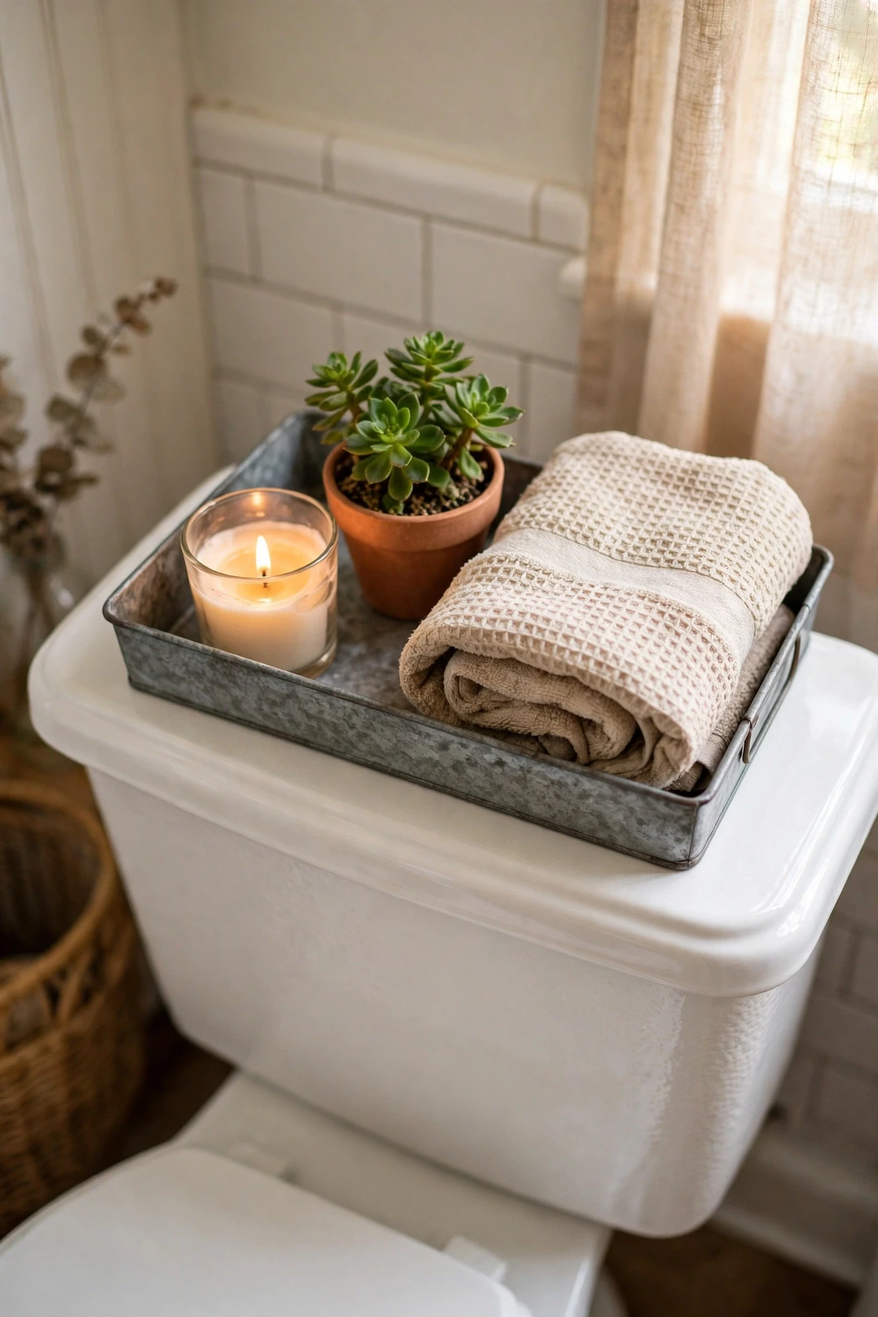 Galvanized tray with candle plant and towel on a toilet tank