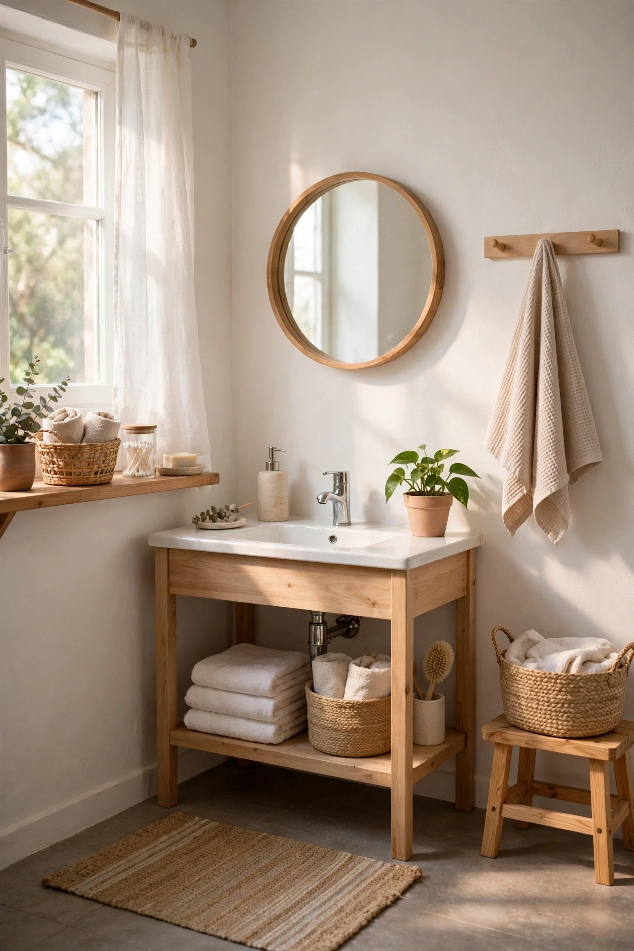 Soft warm white walls in a calm bright bathroom