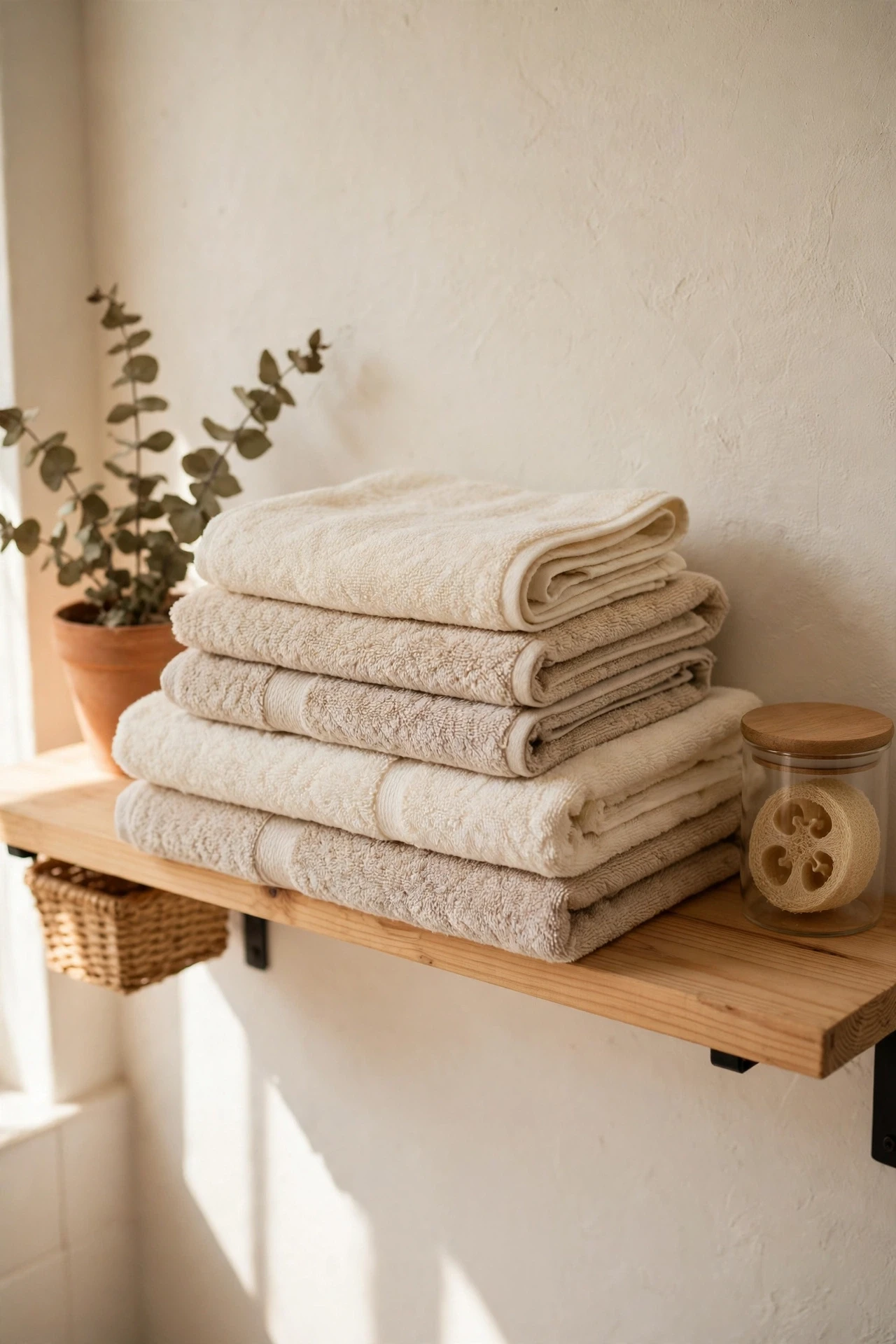 Cream ivory and oat towels layered on a bathroom shelf