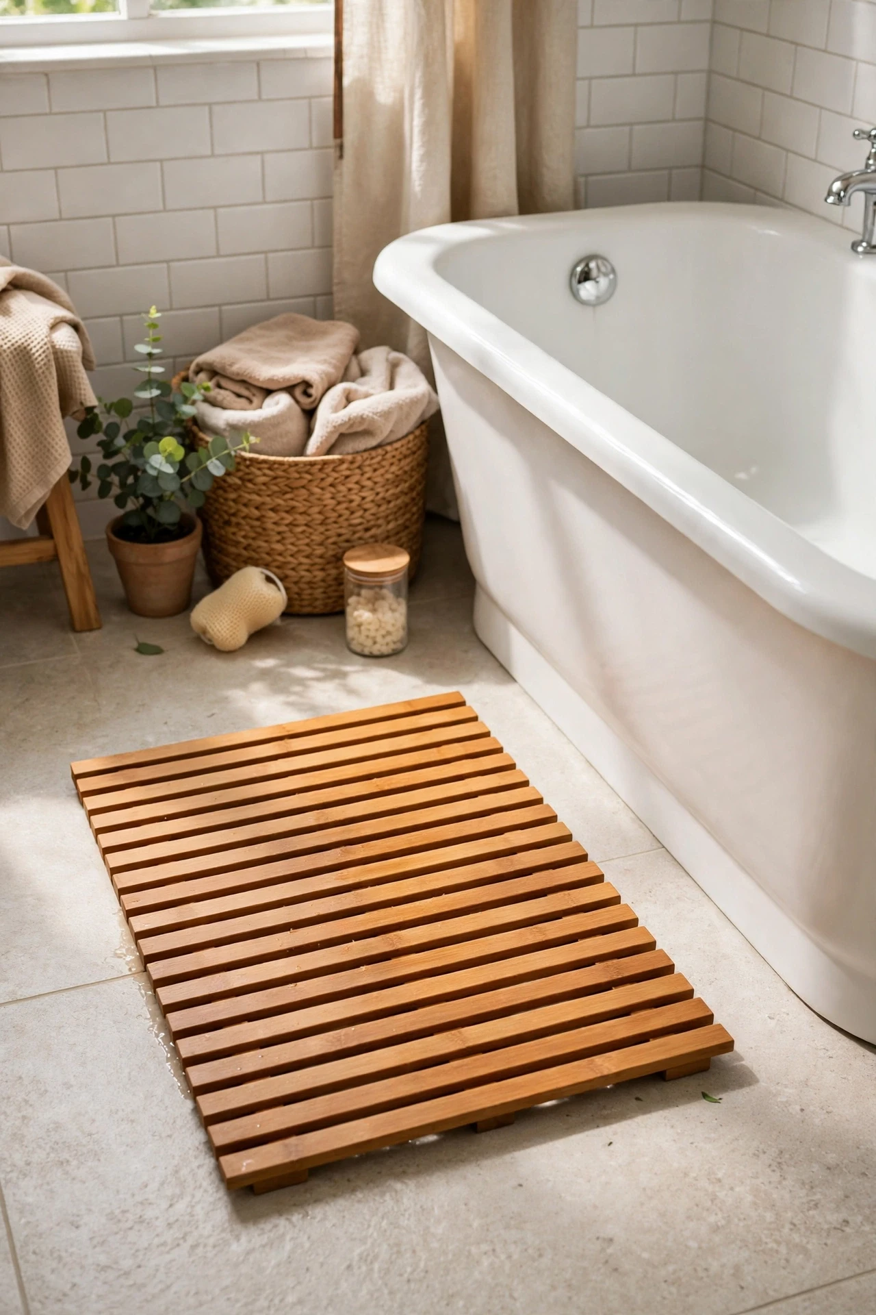 Honey-toned wooden bath mat beside a bathtub