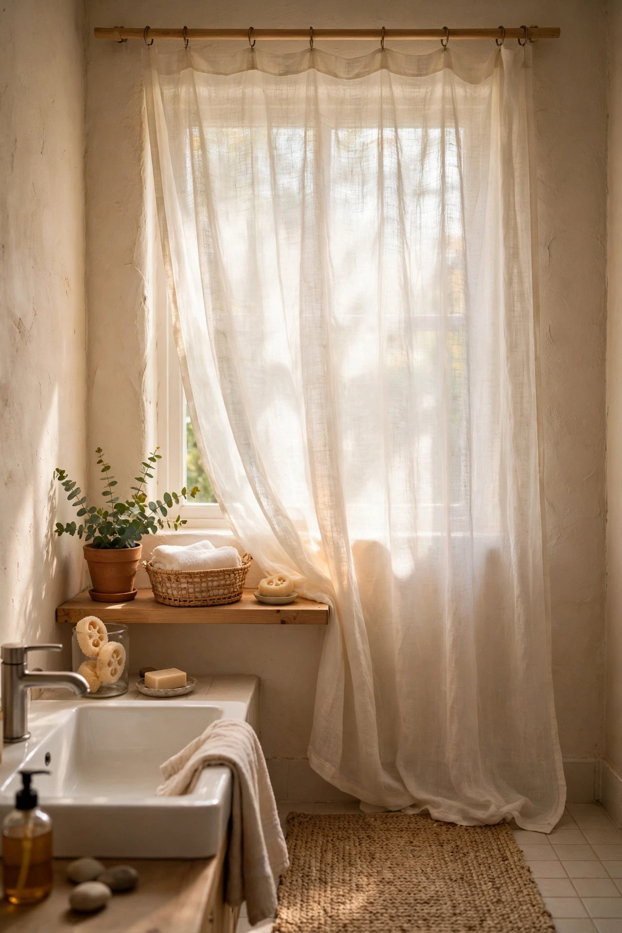Sheer ivory linen curtain filtering light in a bathroom window