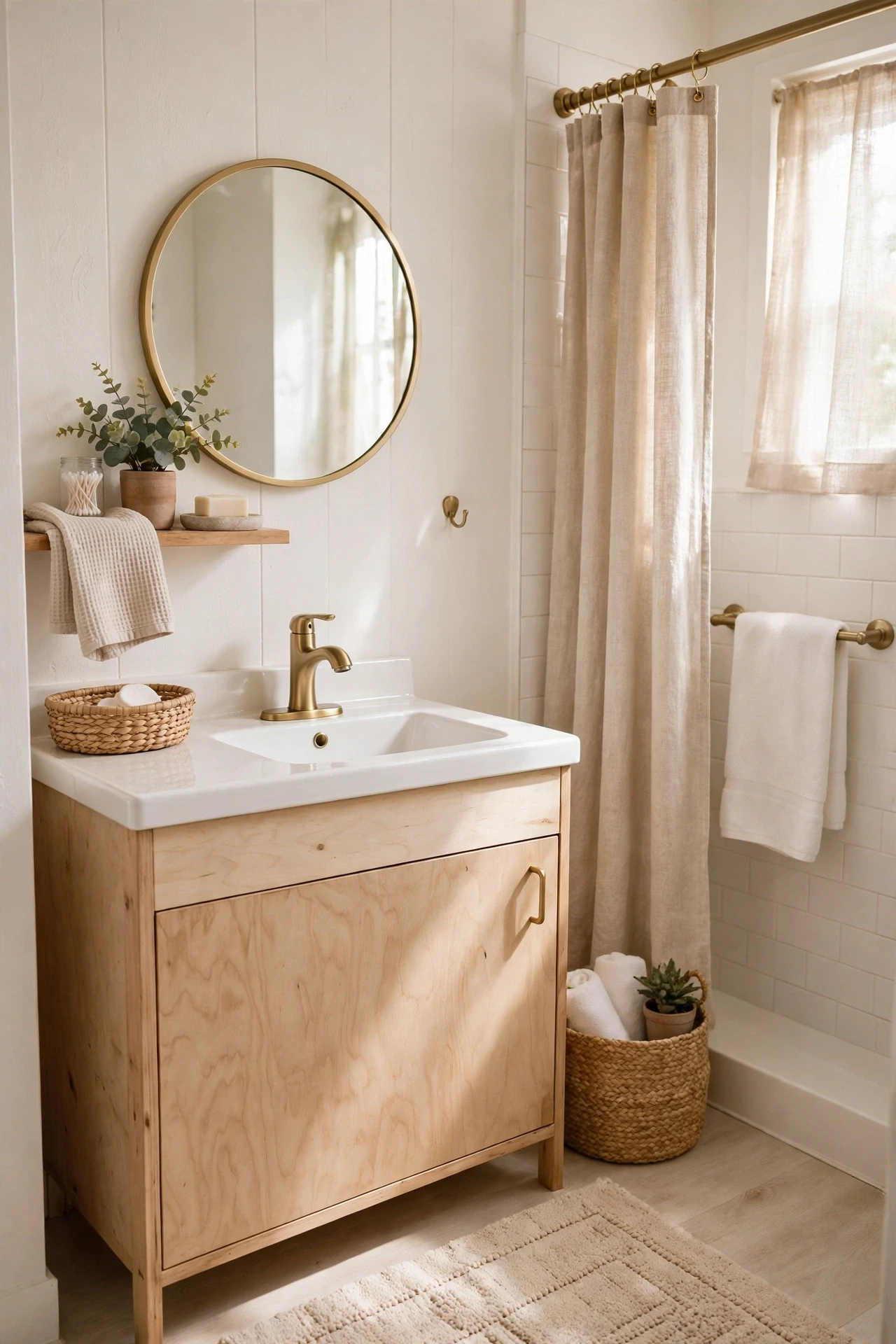 Brushed brass faucet and fixtures in a warm white bathroom