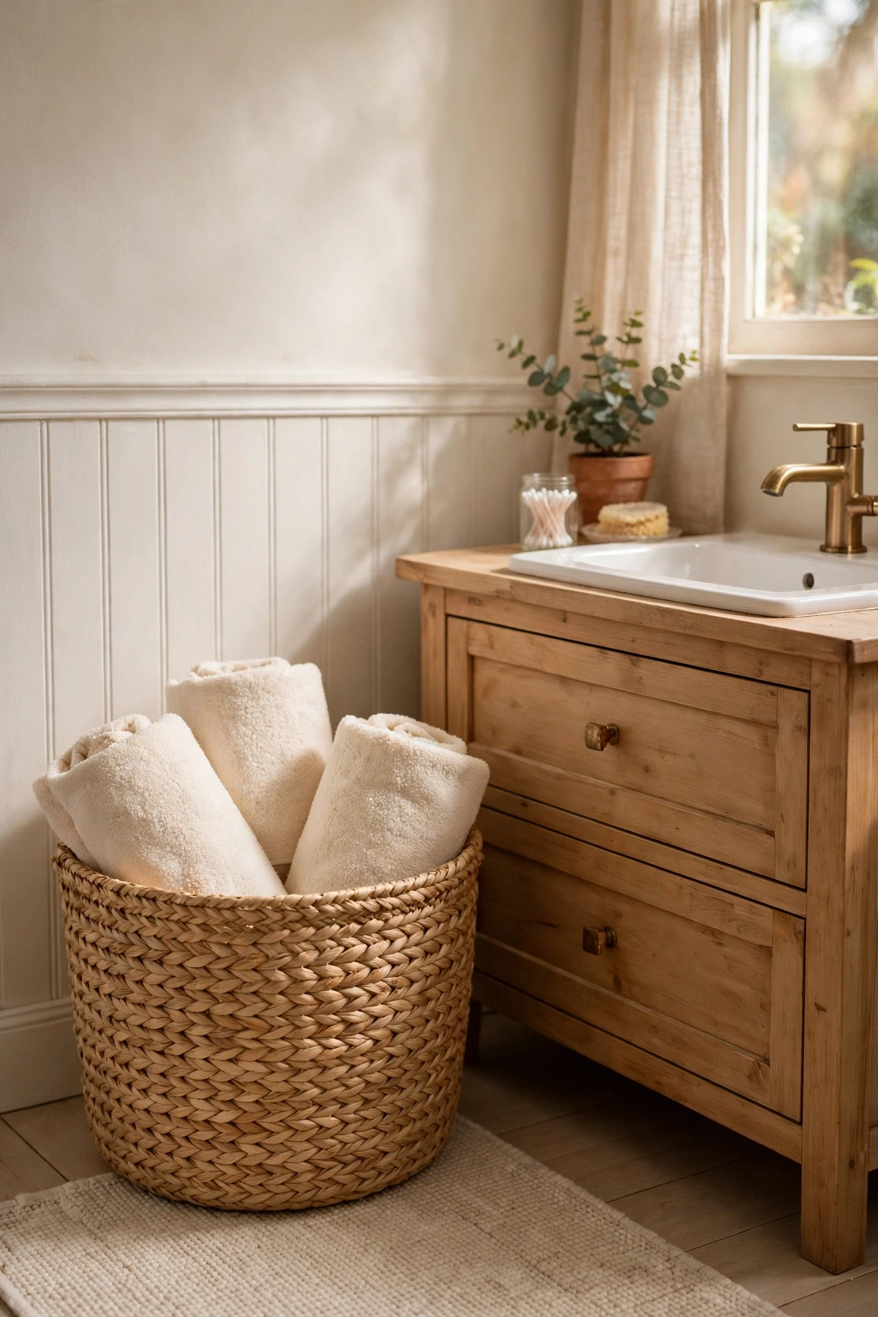 Woven seagrass basket holding rolled cream towels in a bathroom