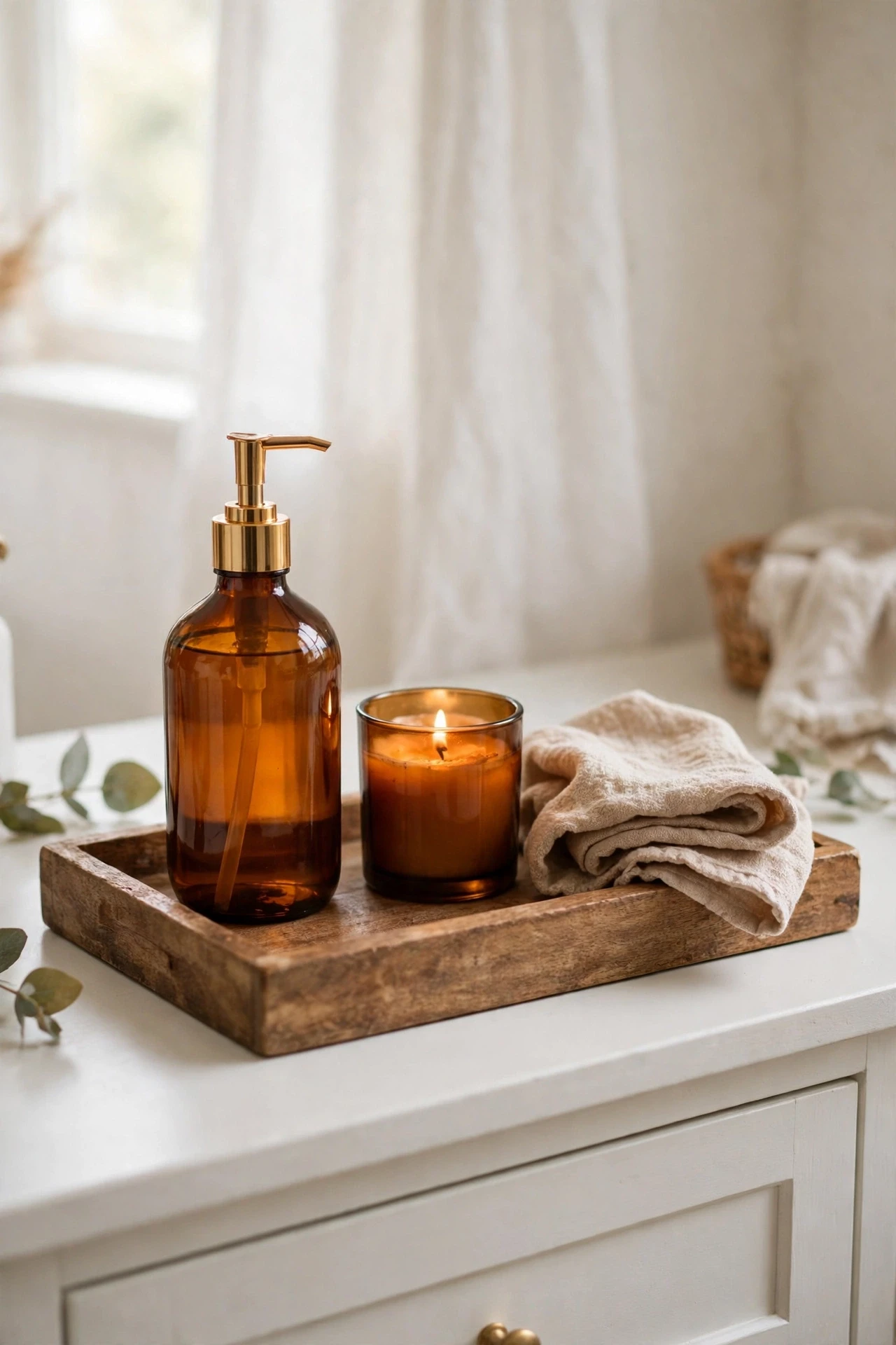 Wooden tray with amber soap pump and candle on a white vanity
