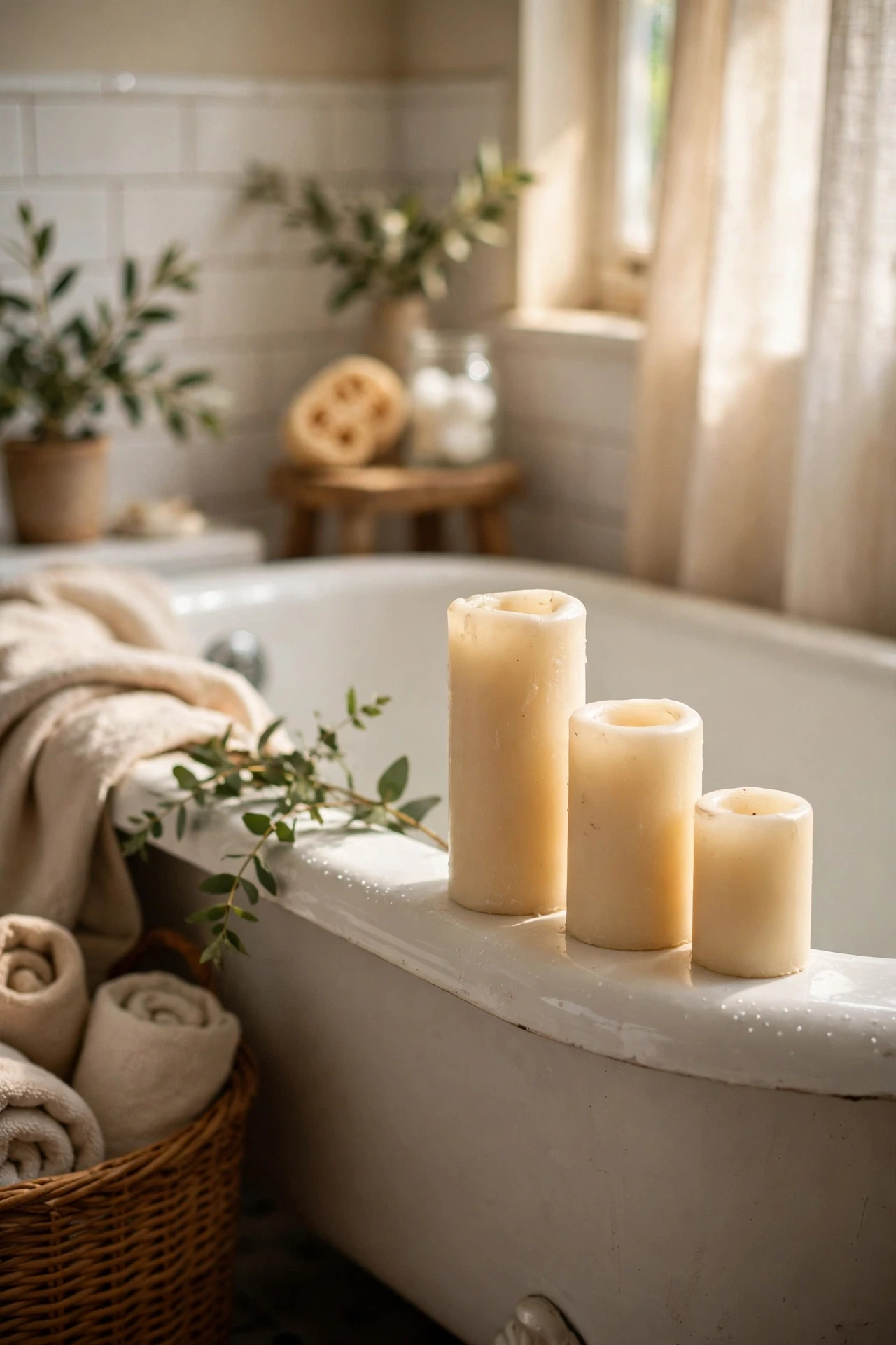 Trio of cream pillar candles on the edge of a bathtub