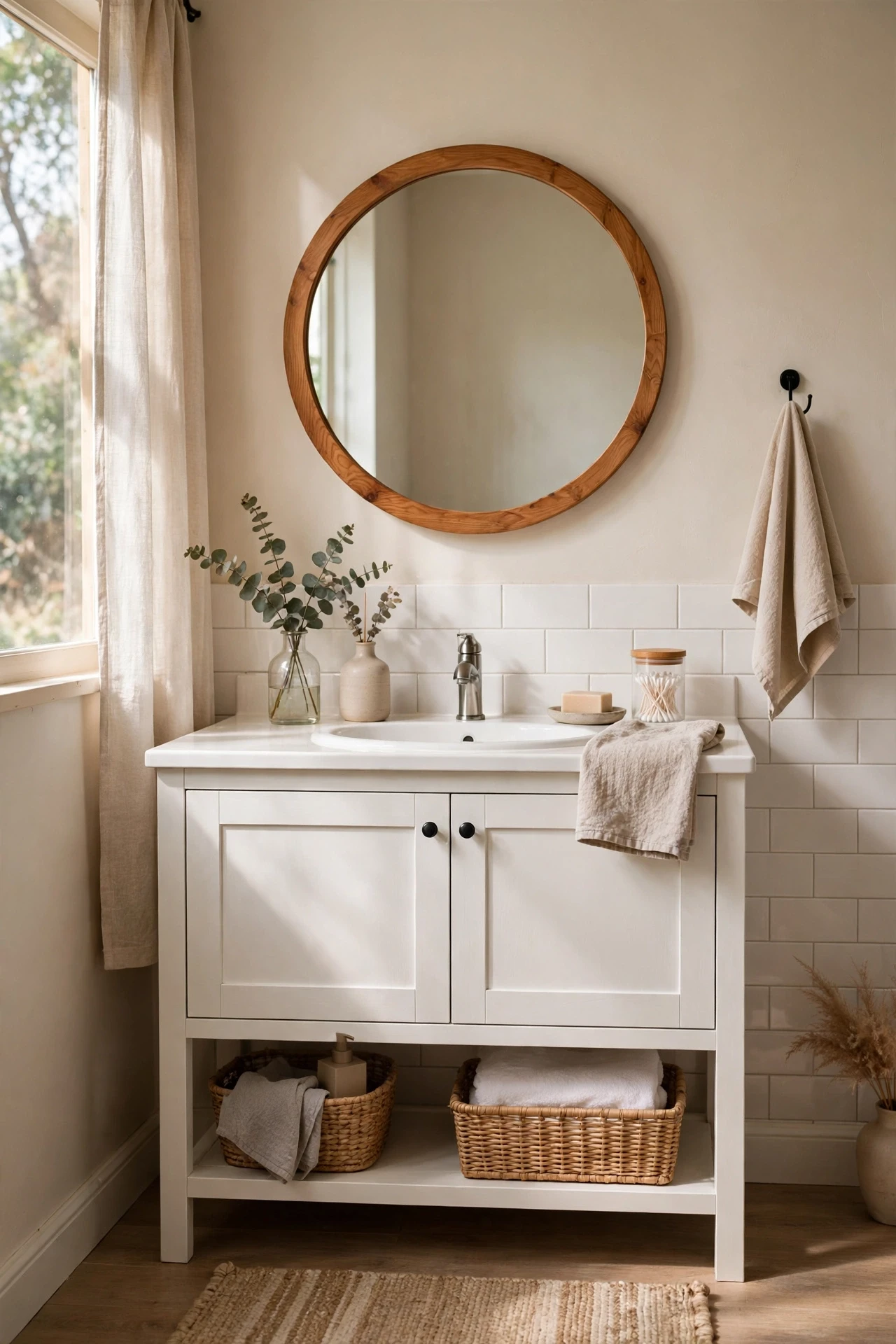 Round mirror with a warm wood frame above a bathroom vanity