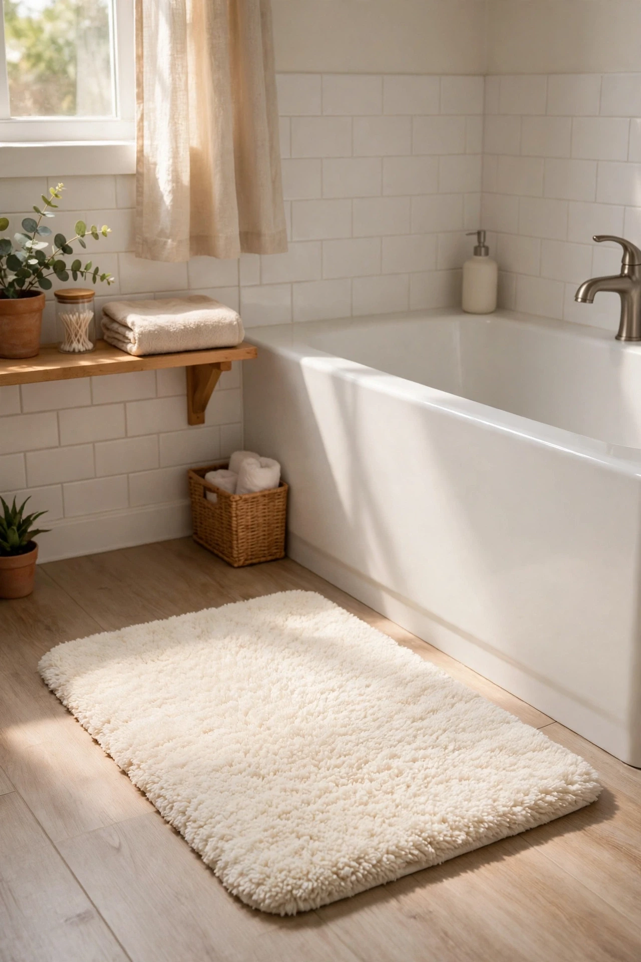 Plush ivory bath mat on a bathroom floor beside a tub