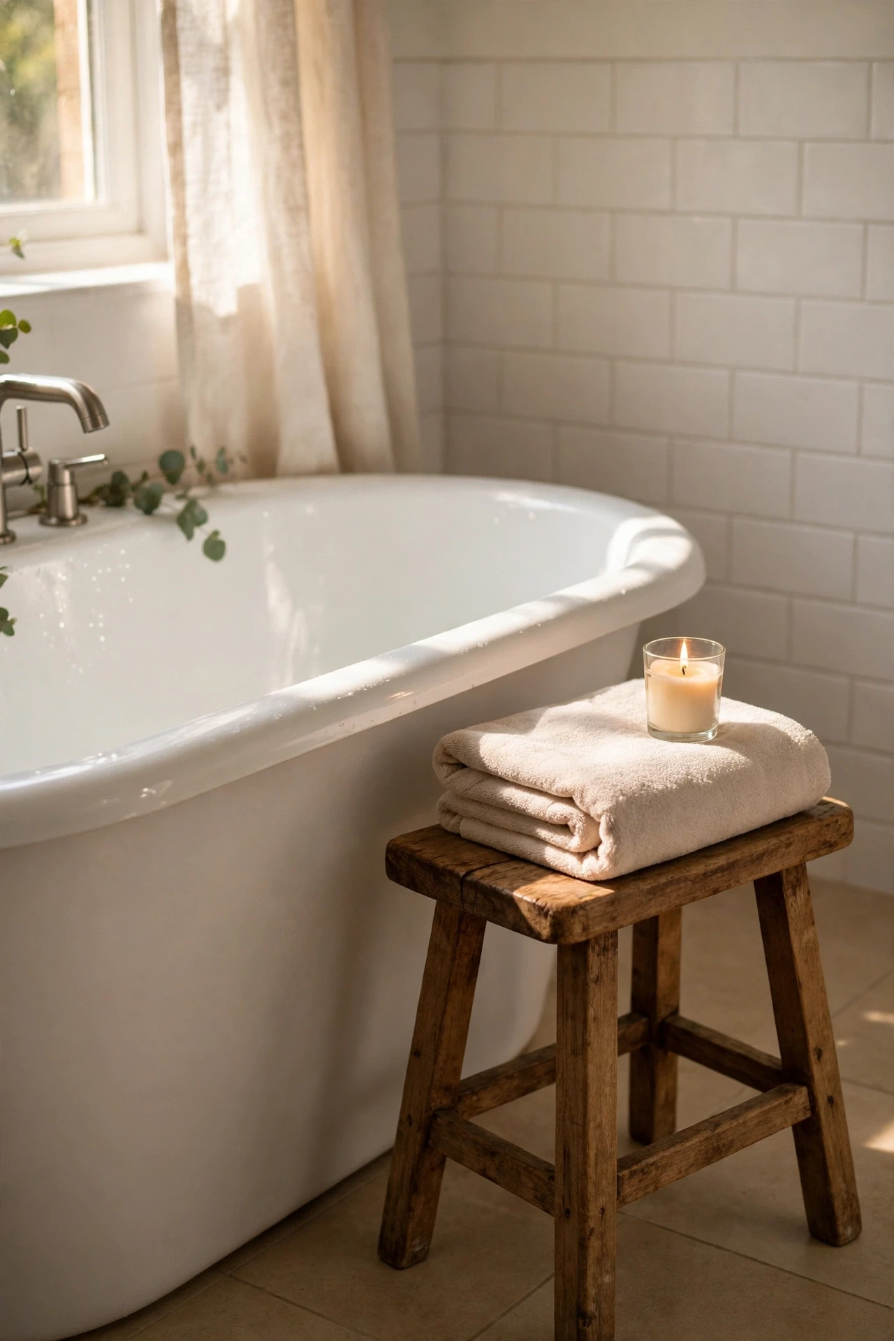 Small wooden stool beside a bathtub holding a towel and candle