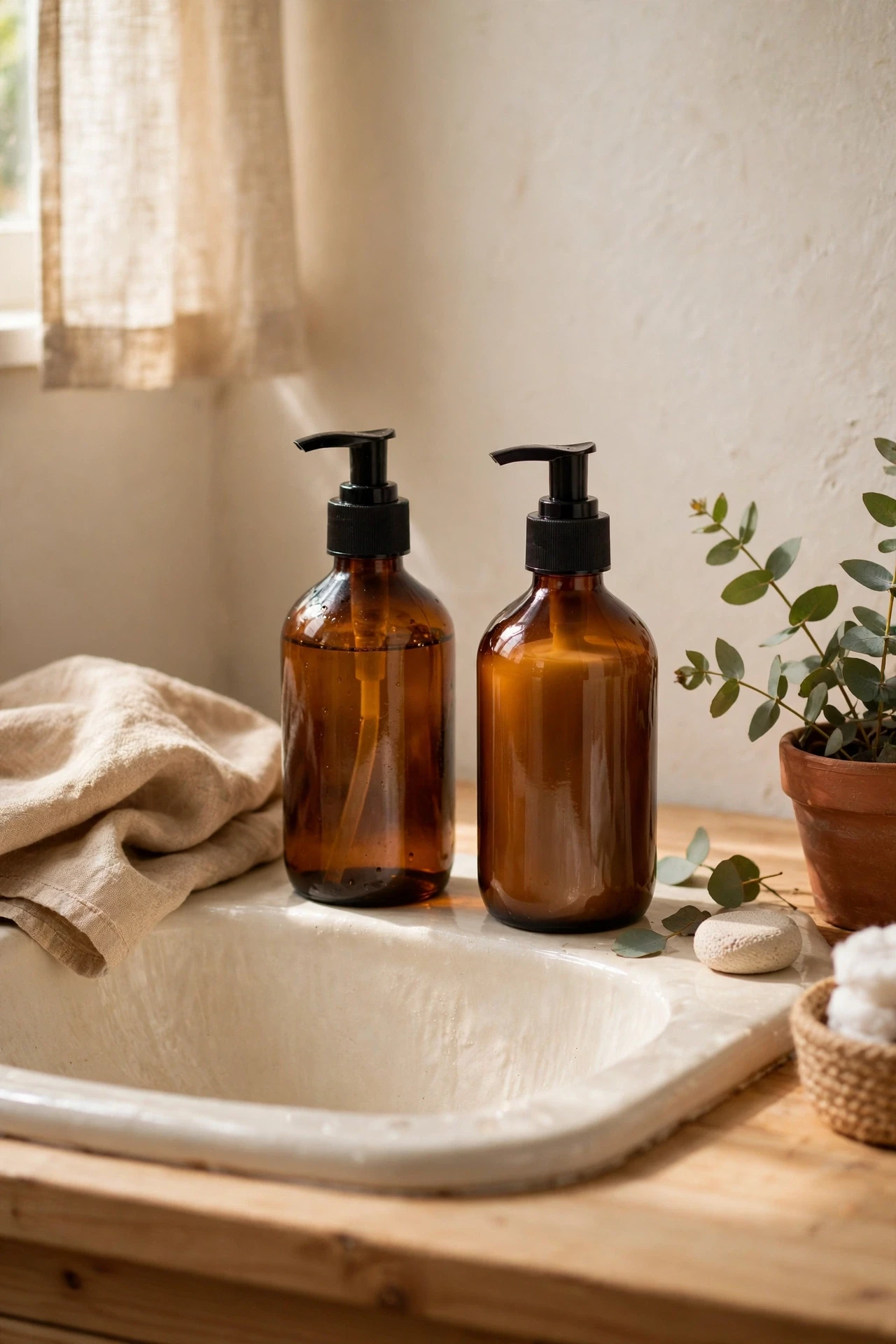 Amber glass pump bottles on a warm white bathroom sink