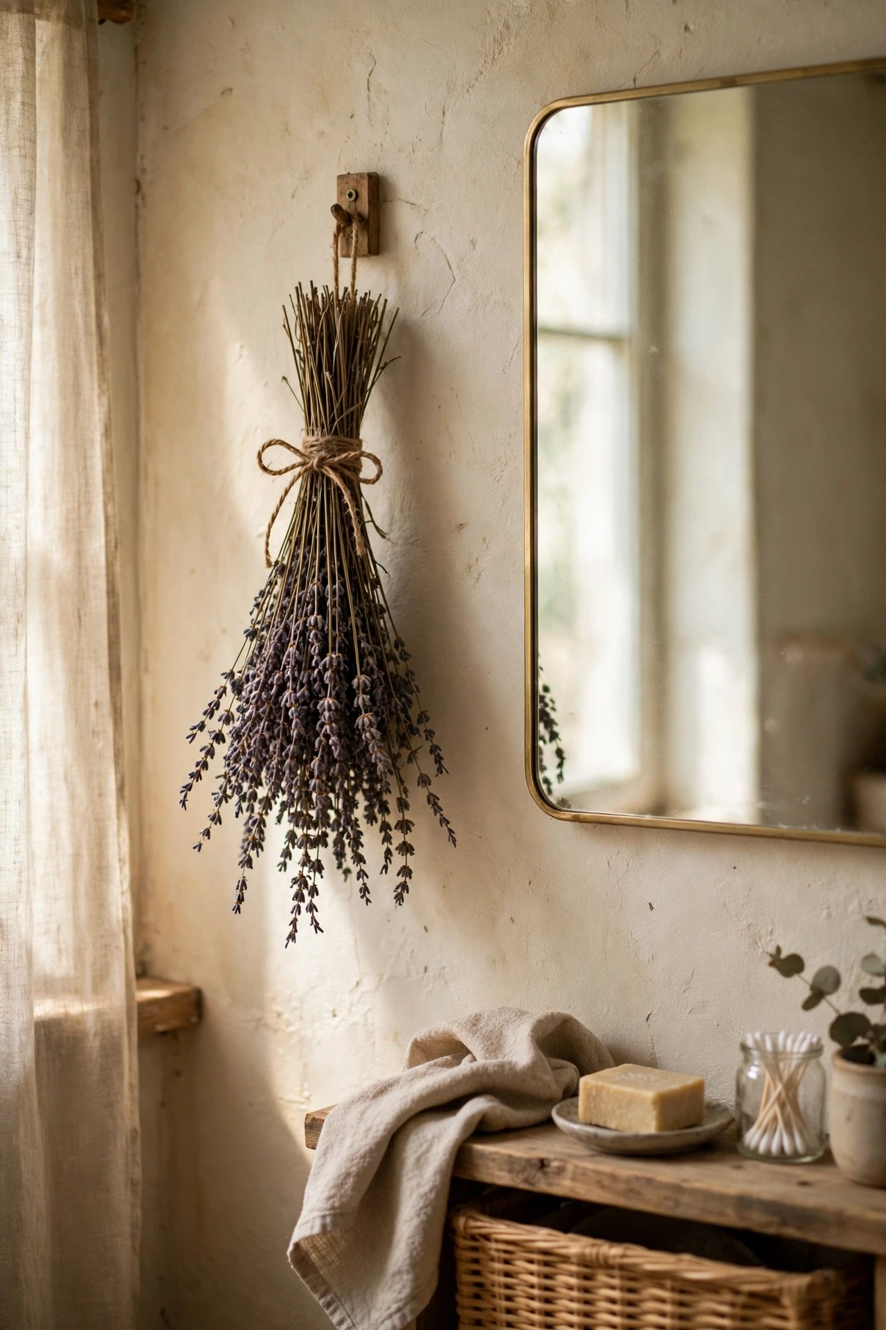 Dried flower bundle tied with twine hanging beside a bathroom mirror