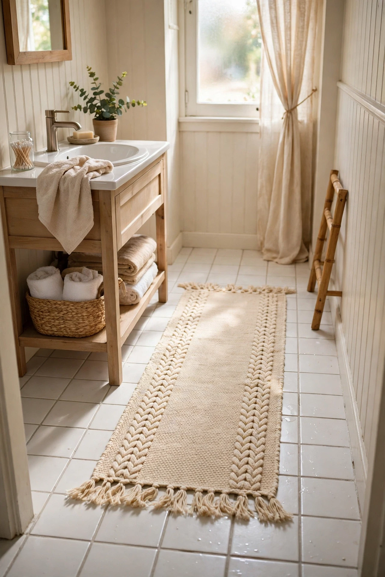 Warm cream rug runner along a bathroom floor