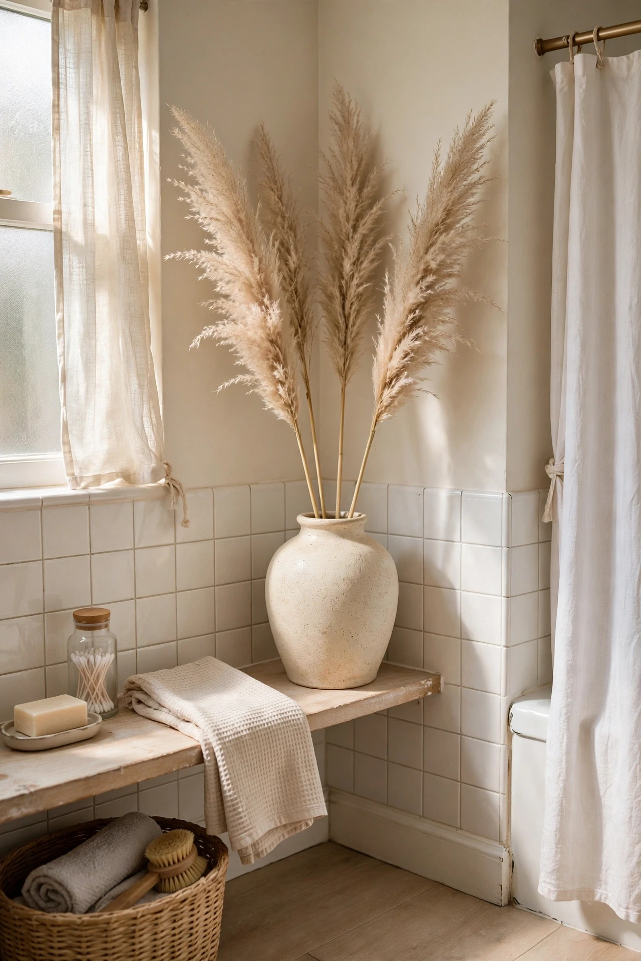 Cream ceramic vase with tall pampas stems in a bathroom