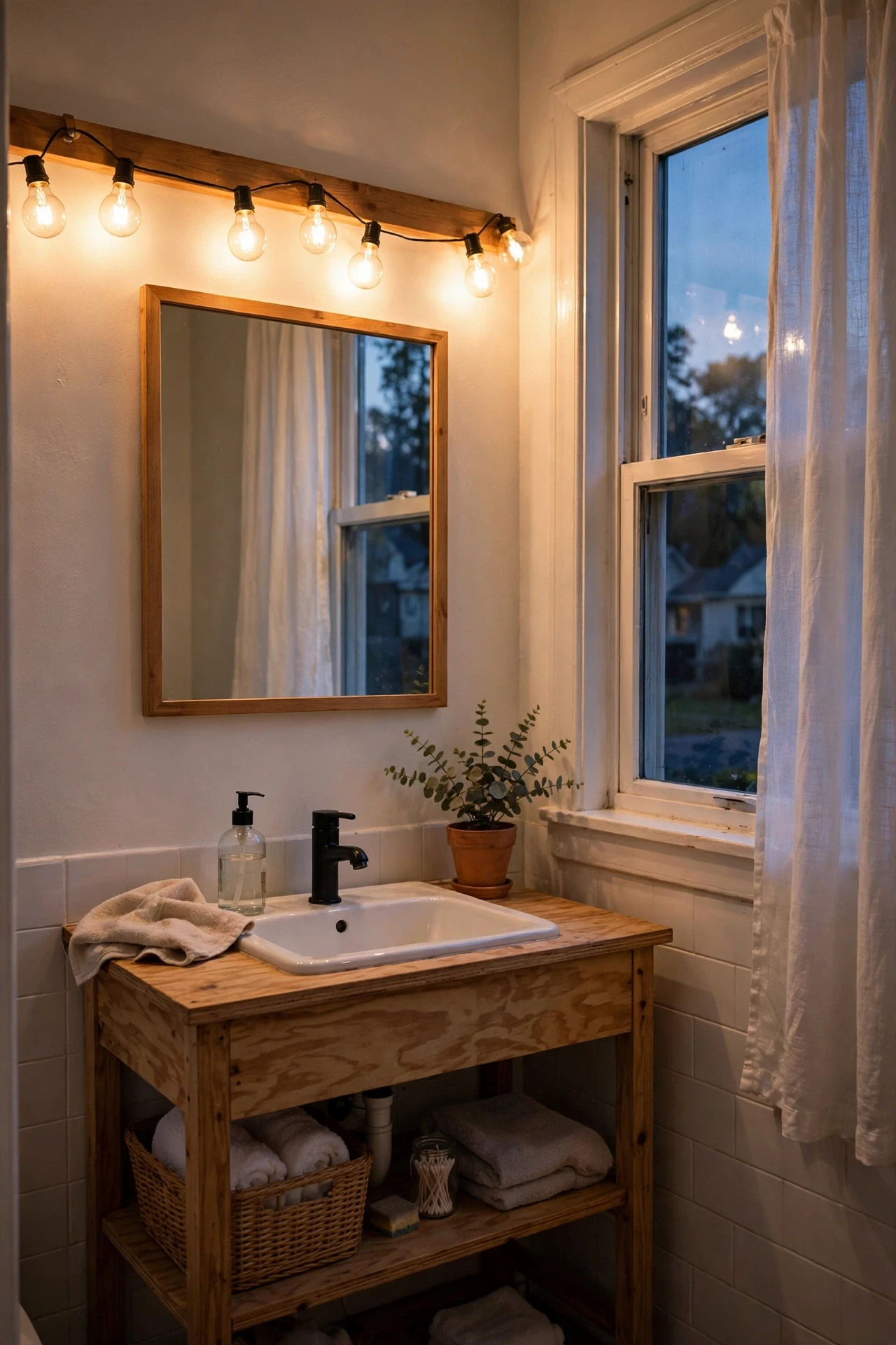 Warm glowing light bulbs above a bathroom mirror