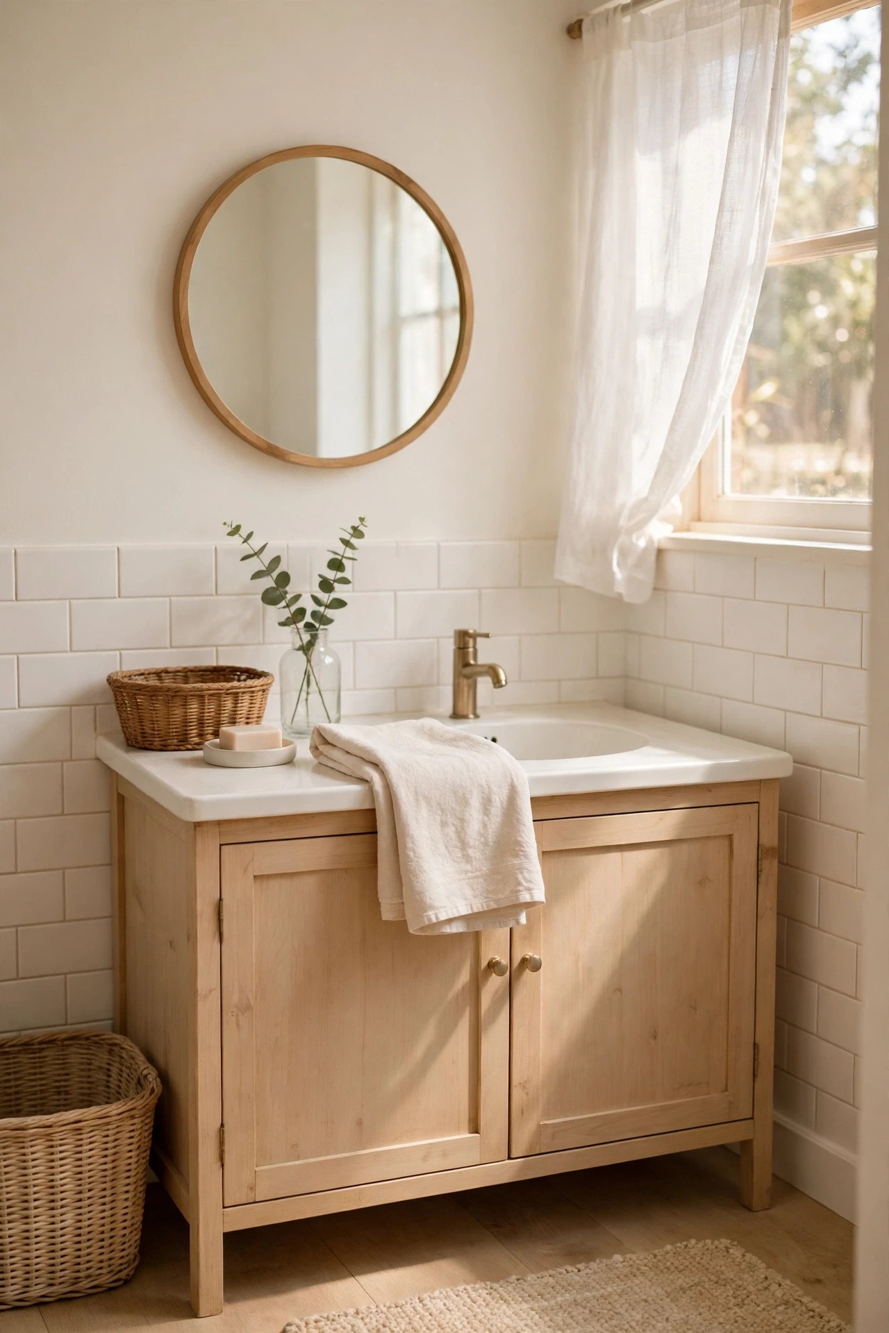 Calm warm white bathroom with a single cream linen towel accent