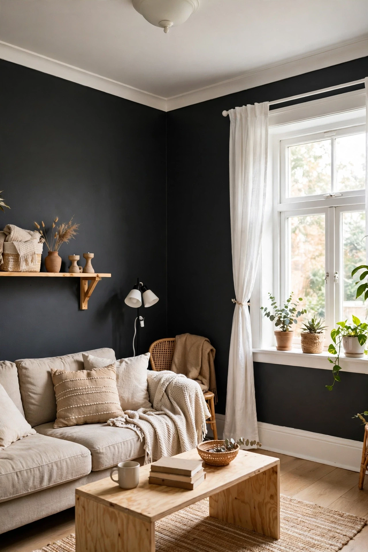 Painting two walls charcoal while leaving the fixtures bright white gives the room instant drama without making it feel like a cave.