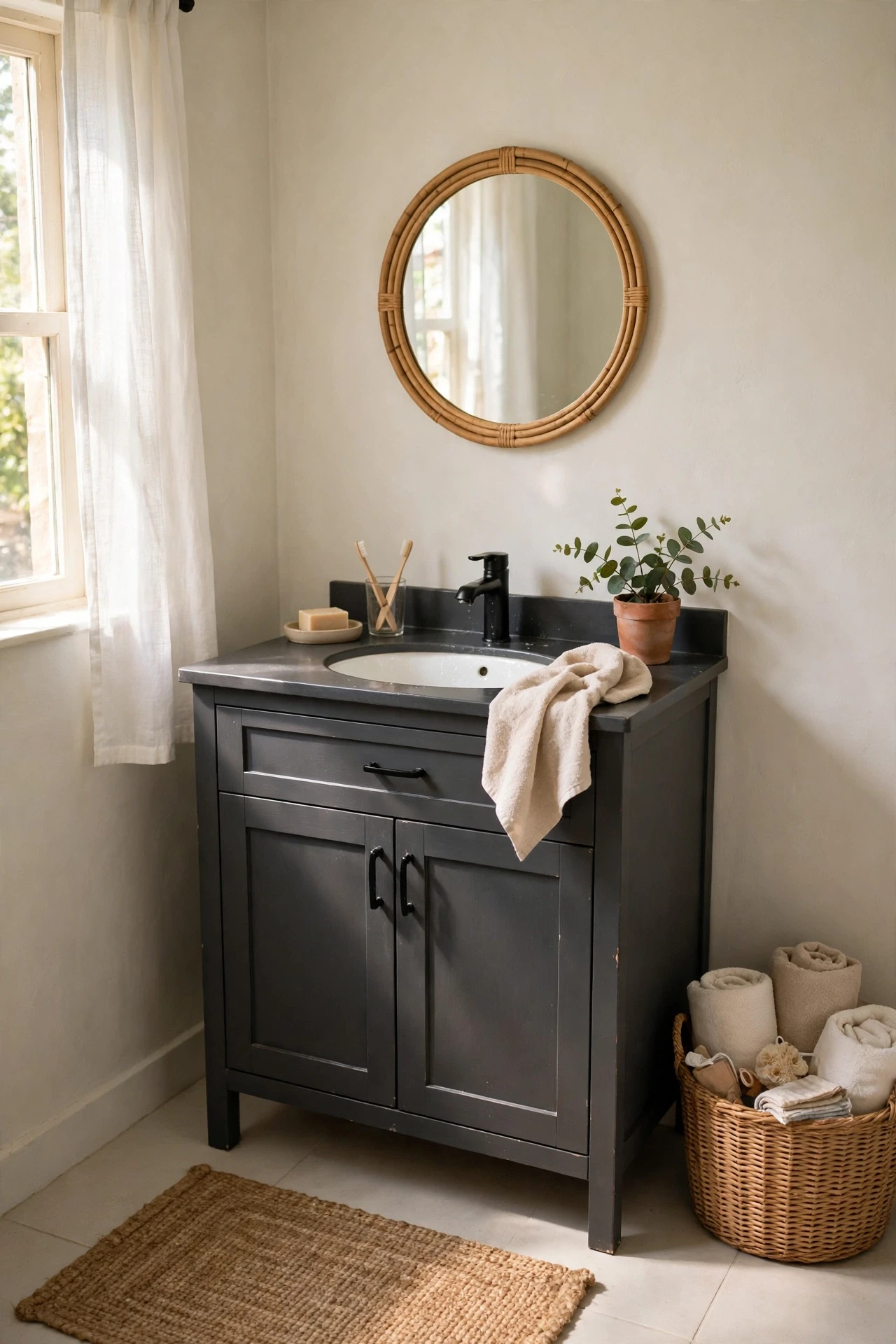 A charcoal vanity against pale walls anchors the room, so the eye settles on something solid instead of wandering over plain tile.
