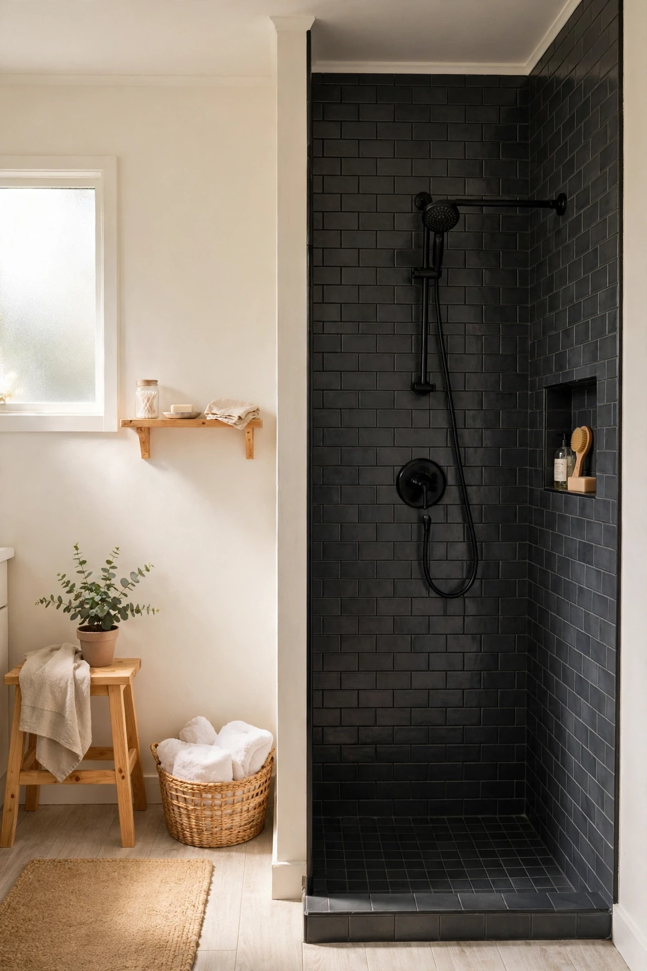 One wall of charcoal shower tile turns an ordinary shower into a focal point, especially when the other walls stay light and simple.