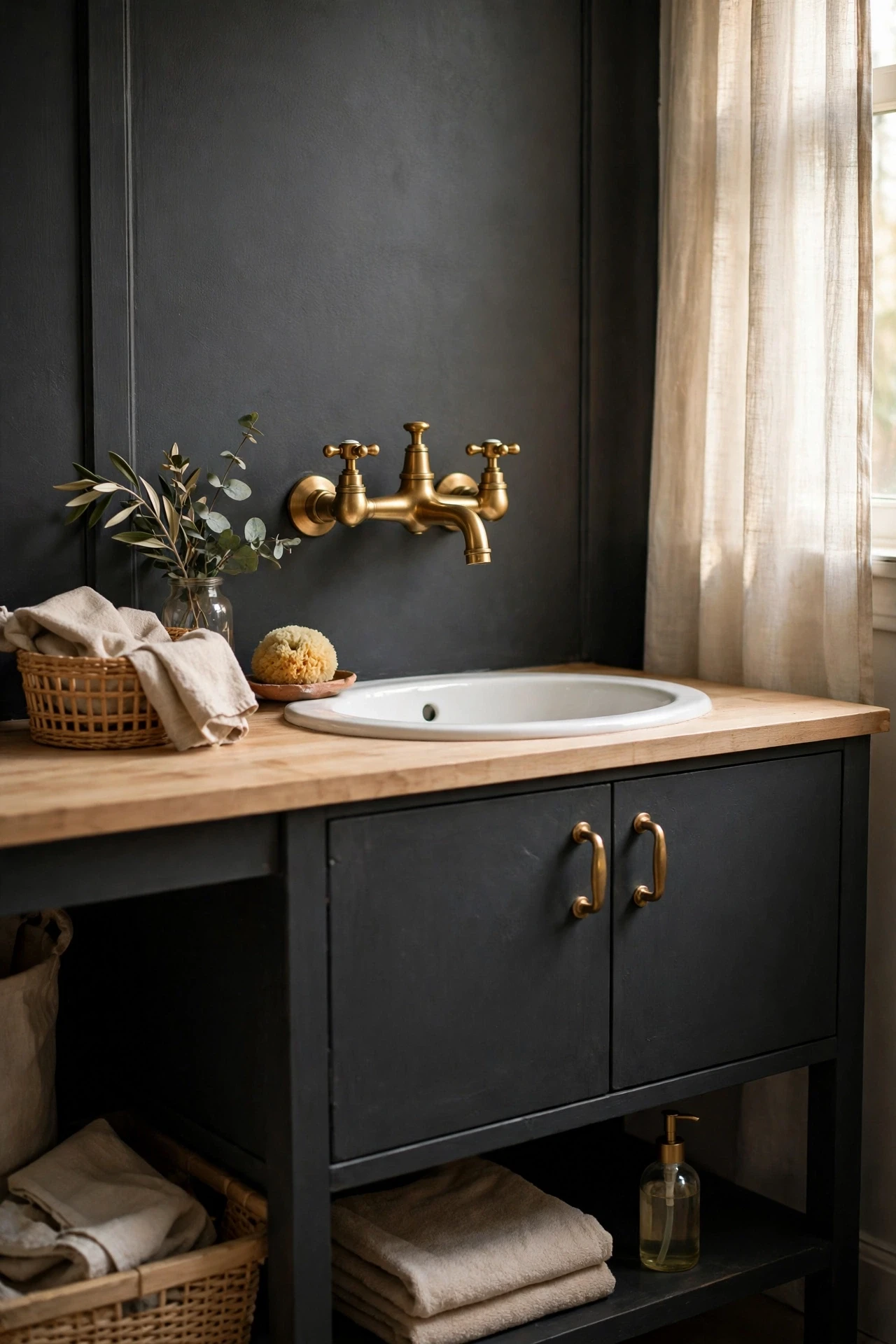 Brass taps and handles warm up charcoal beautifully, adding a touch of glamour that plain chrome never quite manages.