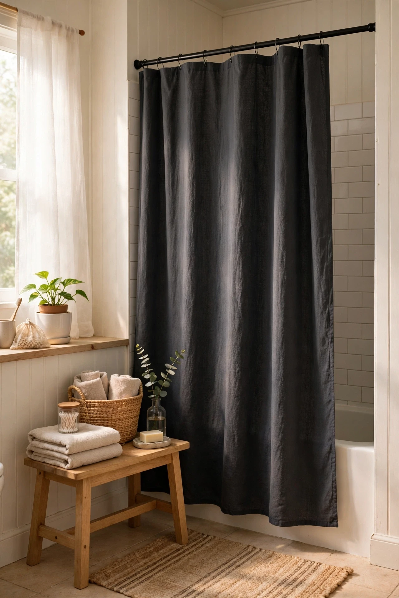 A single charcoal shower curtain can carry the whole colour scheme, and swapping a curtain costs less than almost any other change.